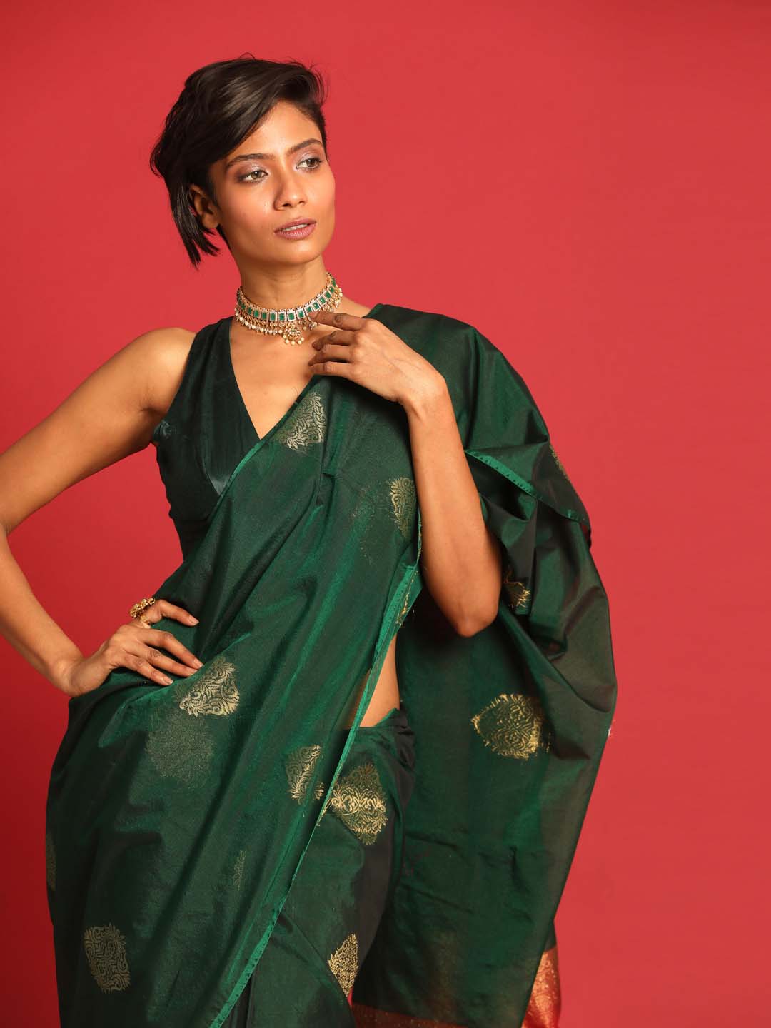 Indethnic Green Pochampally Kora Silk by Cotton Saree - View 2