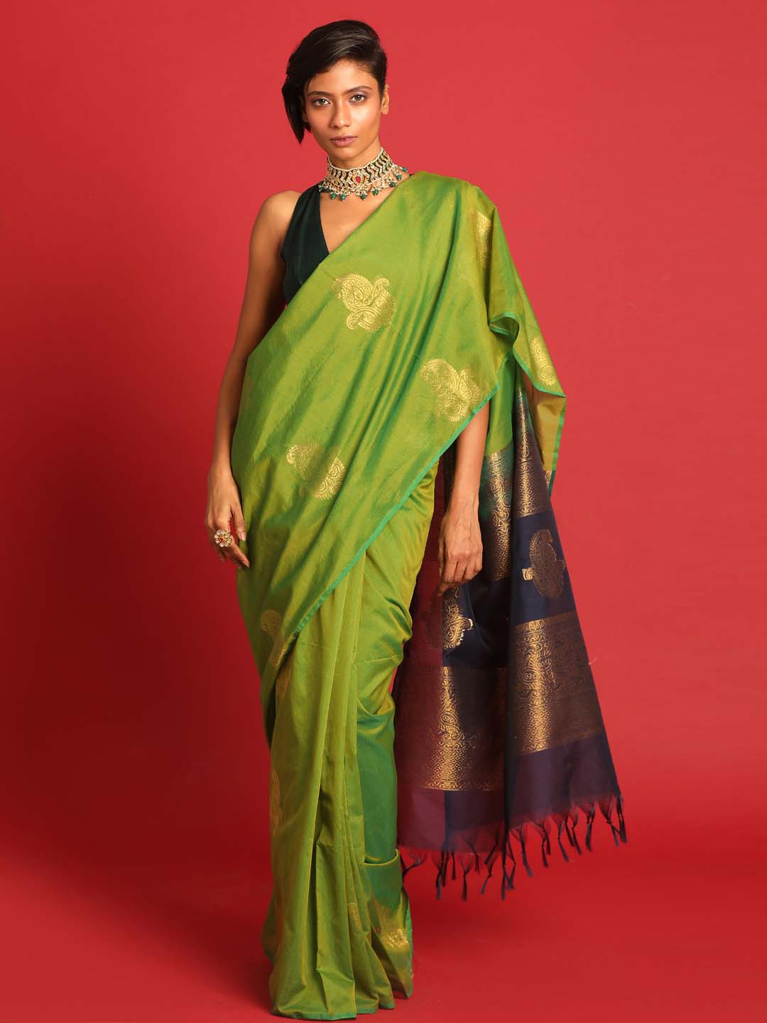 Indethnic Green Pochampally Kora Silk by Cotton Saree - View 1