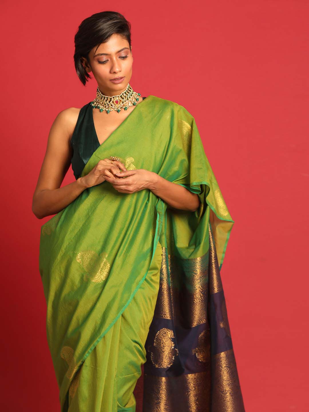 Indethnic Green Pochampally Kora Silk by Cotton Saree - View 2