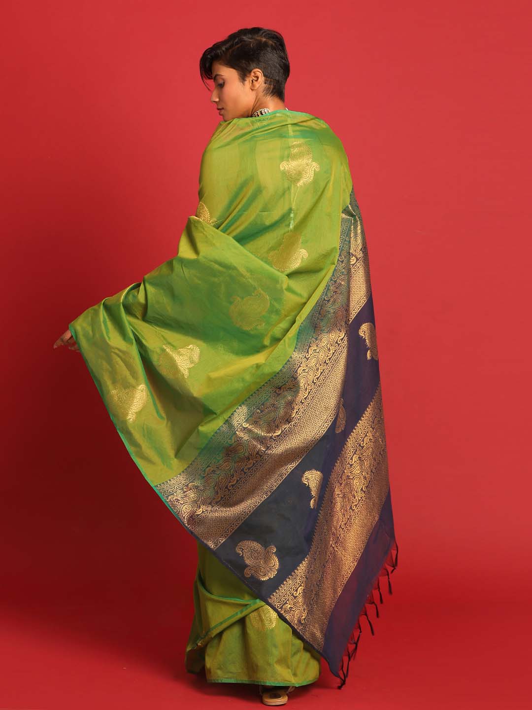 Indethnic Green Pochampally Kora Silk by Cotton Saree - View 3