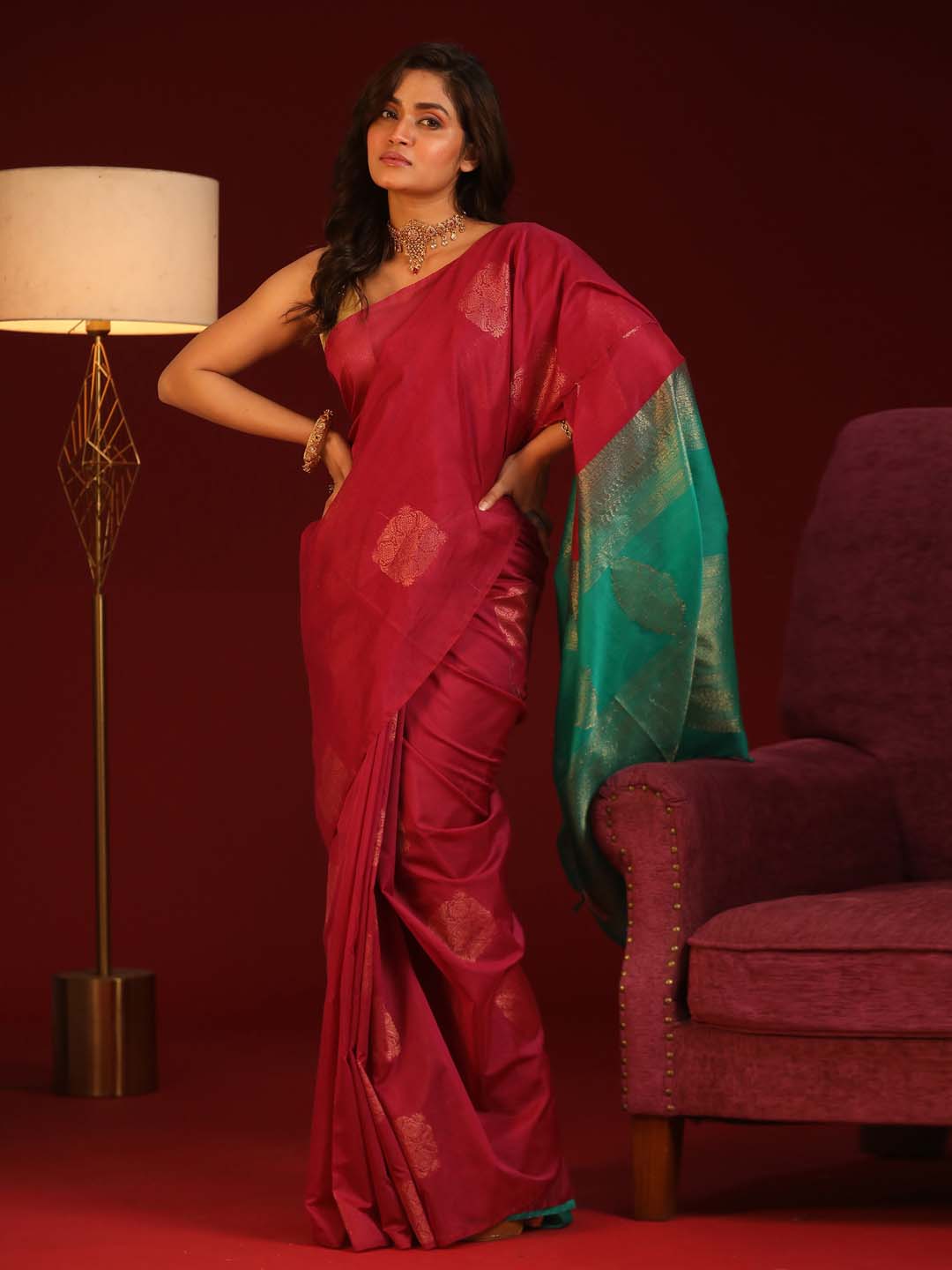 Indethnic Magenta Pochampally Kora Silk by Cotton Saree - View 1