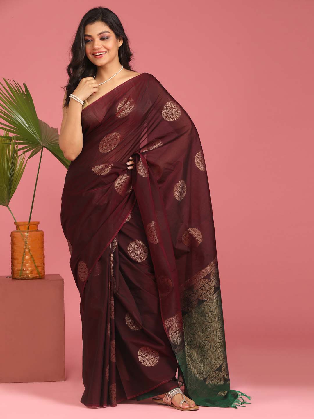 Indethnic Maroon Pochampally Kora Silk by Cotton Saree - View 1