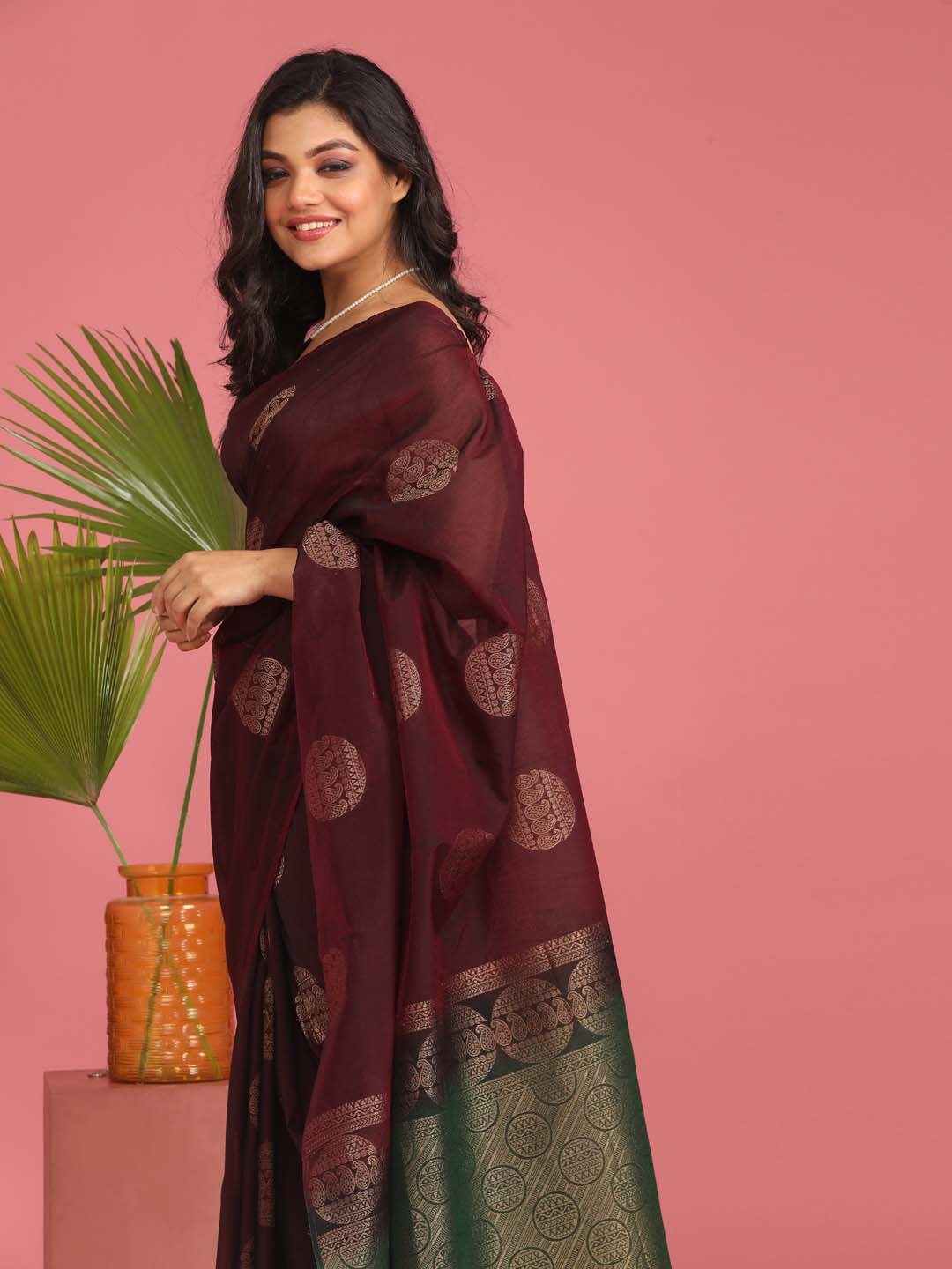 Indethnic Maroon Pochampally Kora Silk by Cotton Saree - View 2