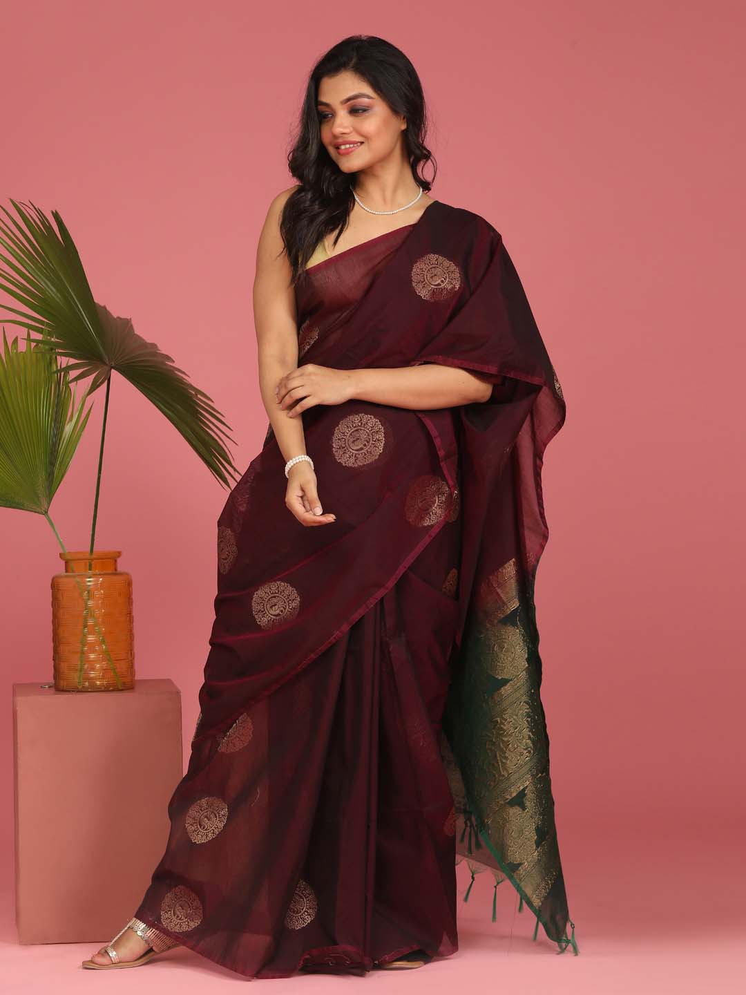 Indethnic Maroon Pochampally Kora Silk by Cotton Saree - View 1