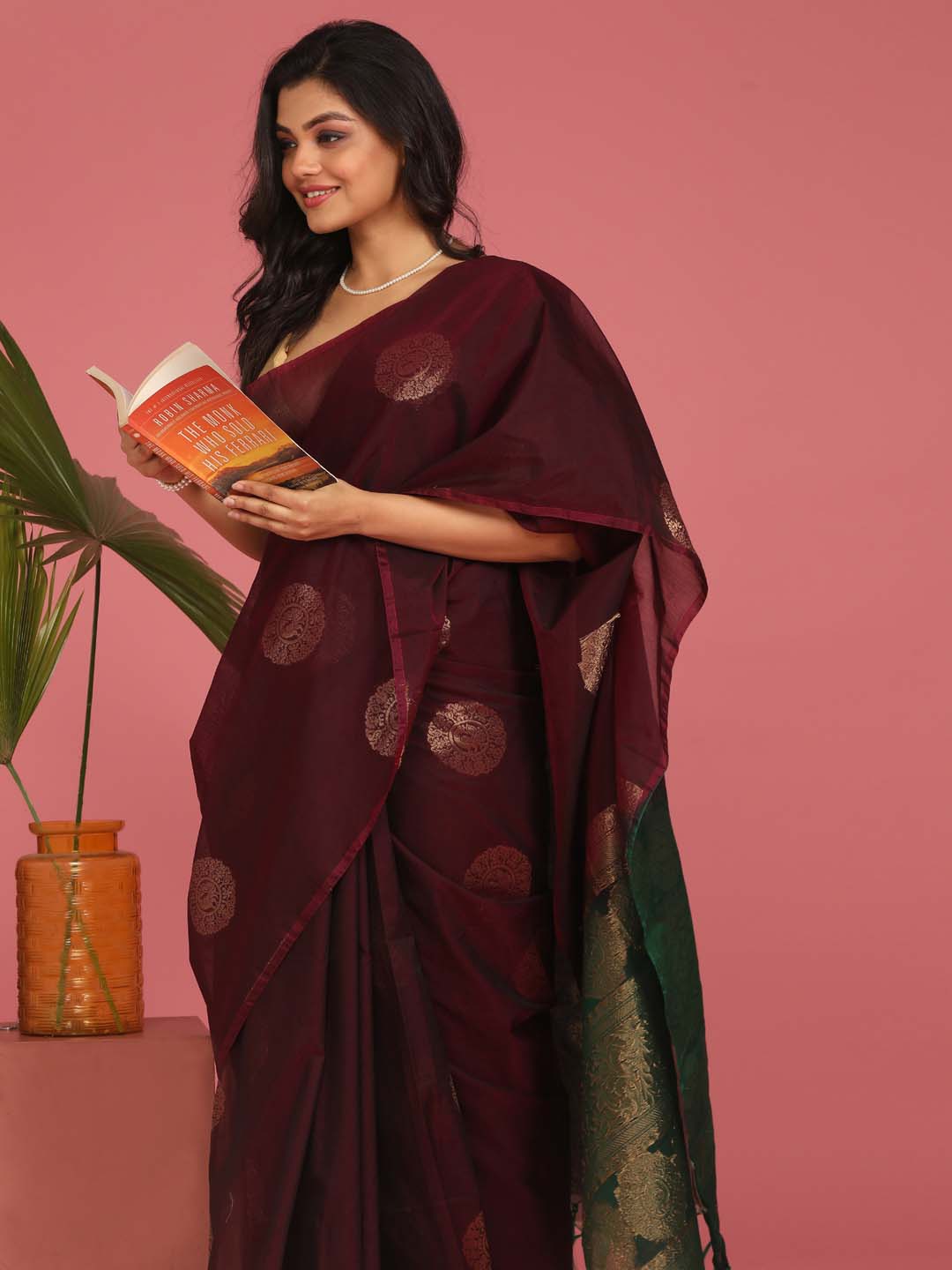 Indethnic Maroon Pochampally Kora Silk by Cotton Saree - View 2