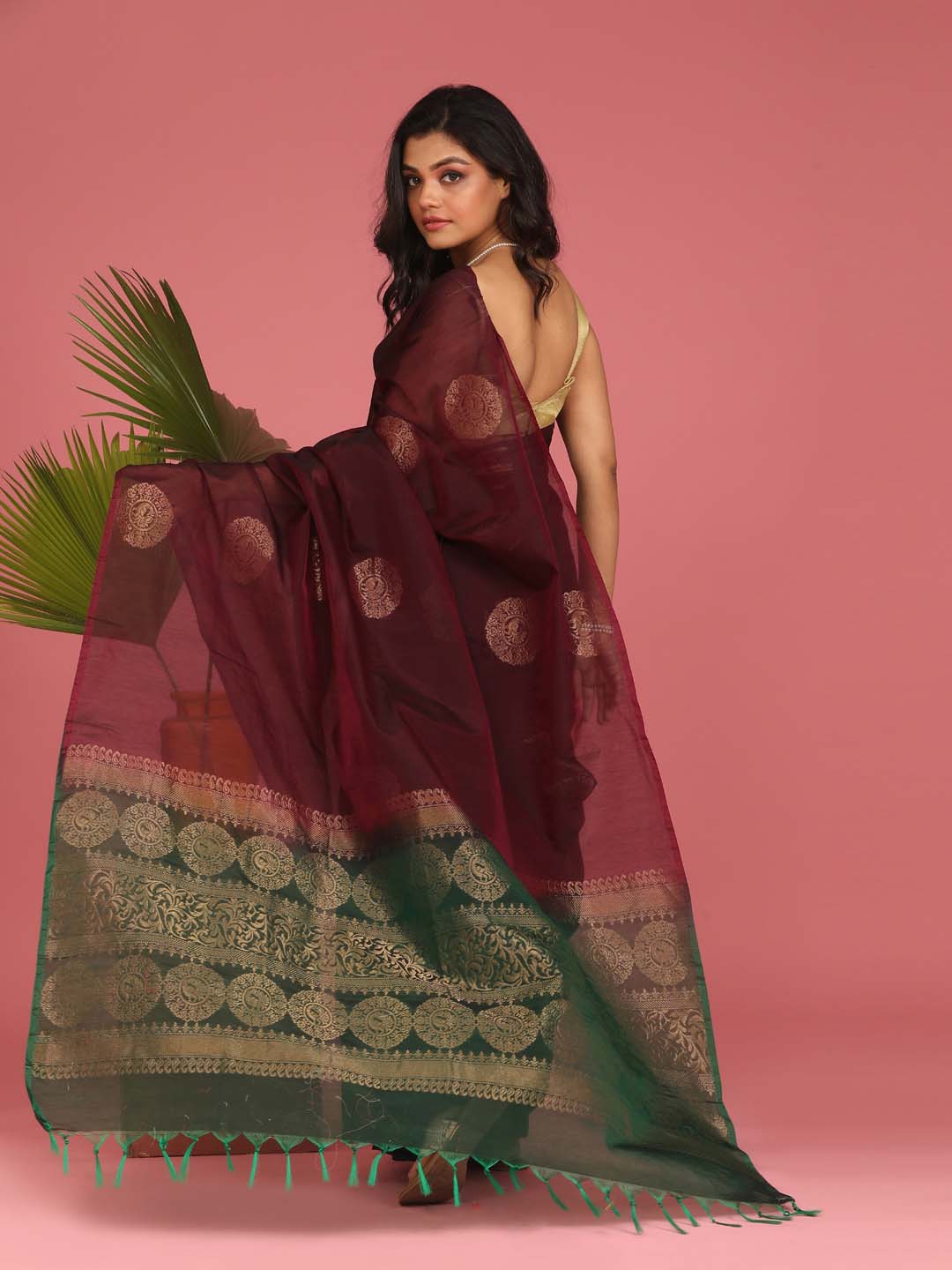 Indethnic Maroon Pochampally Kora Silk by Cotton Saree - View 3