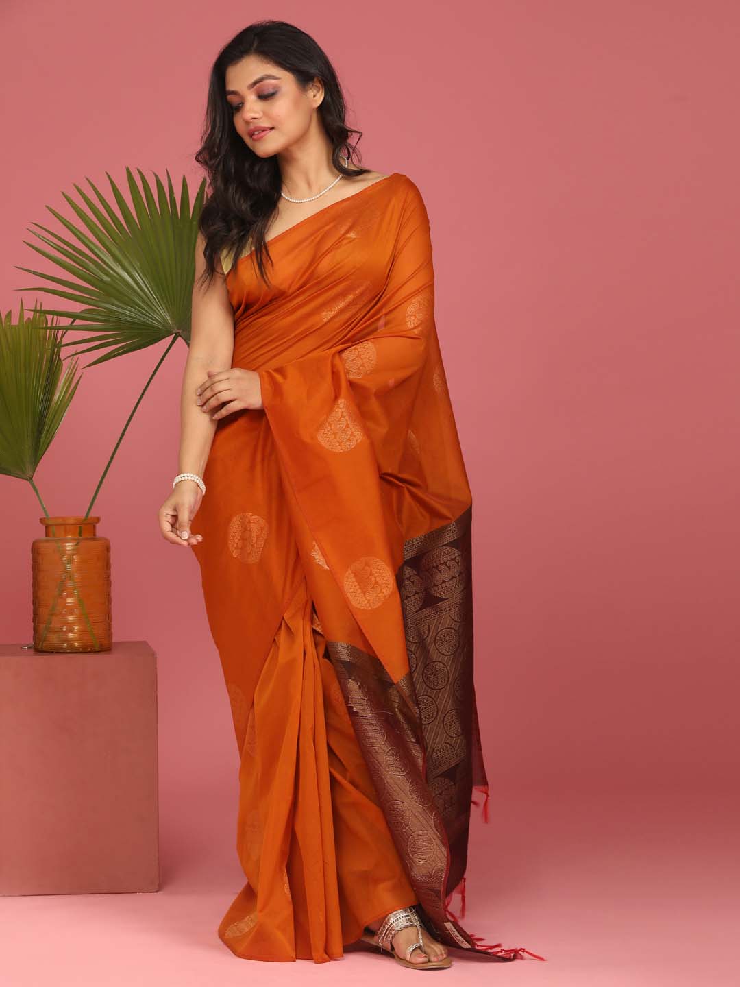 Indethnic Orange Pochampally Kora Silk by Cotton Saree - View 1