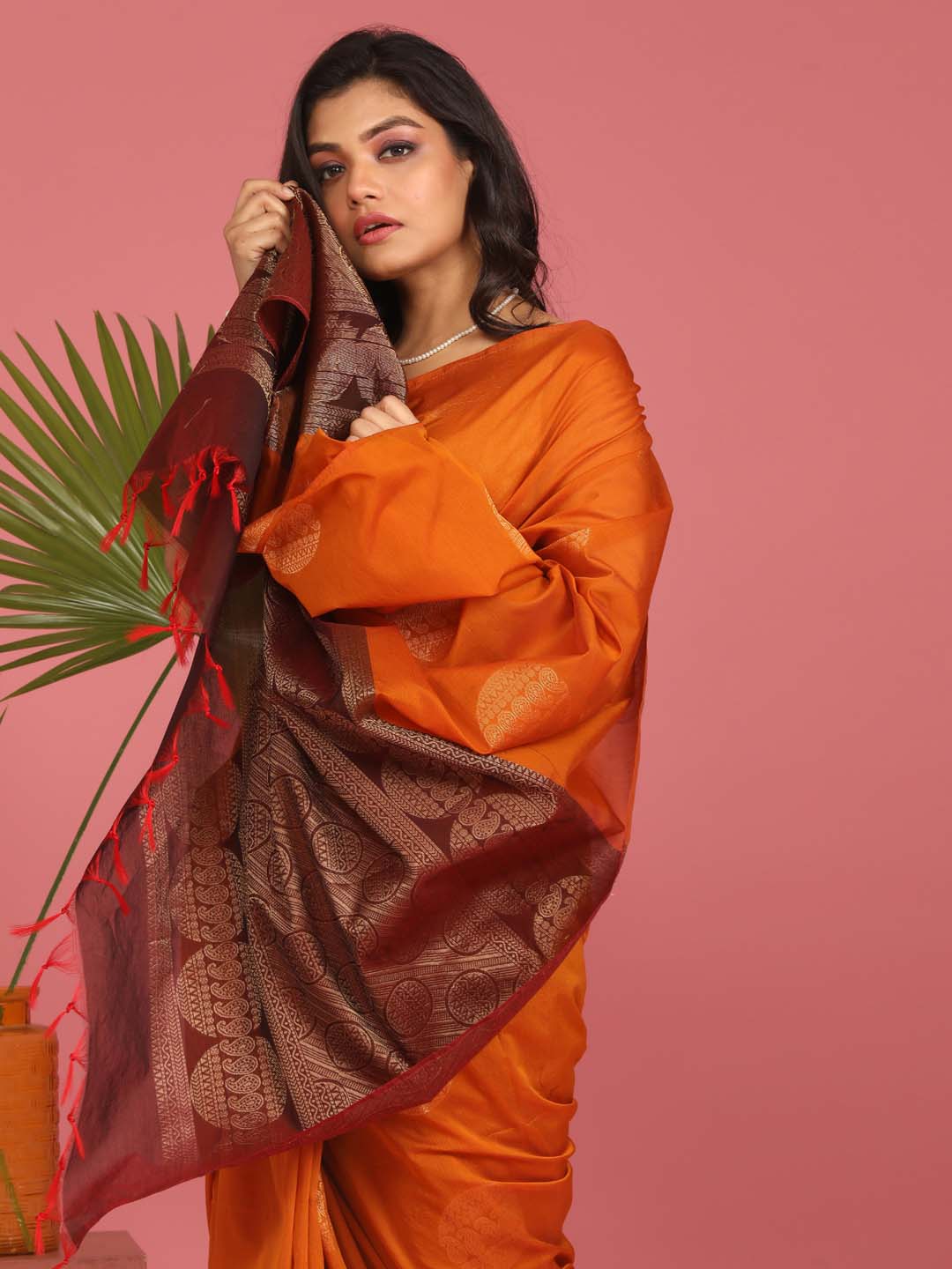 Indethnic Orange Pochampally Kora Silk by Cotton Saree - View 1
