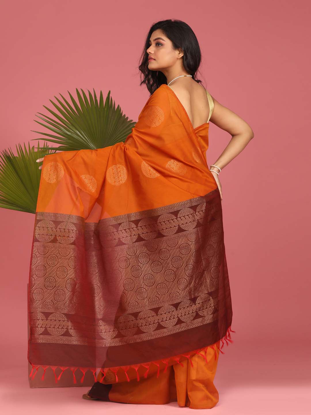 Indethnic Orange Pochampally Kora Silk by Cotton Saree - View 3