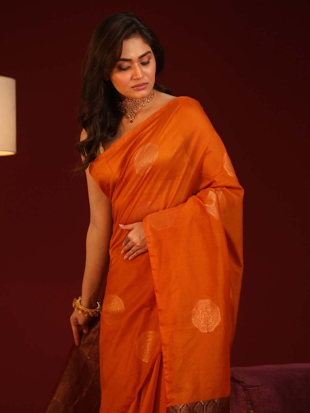 Indethnic Orange Pochampally Kora Silk by Cotton Saree - View 2