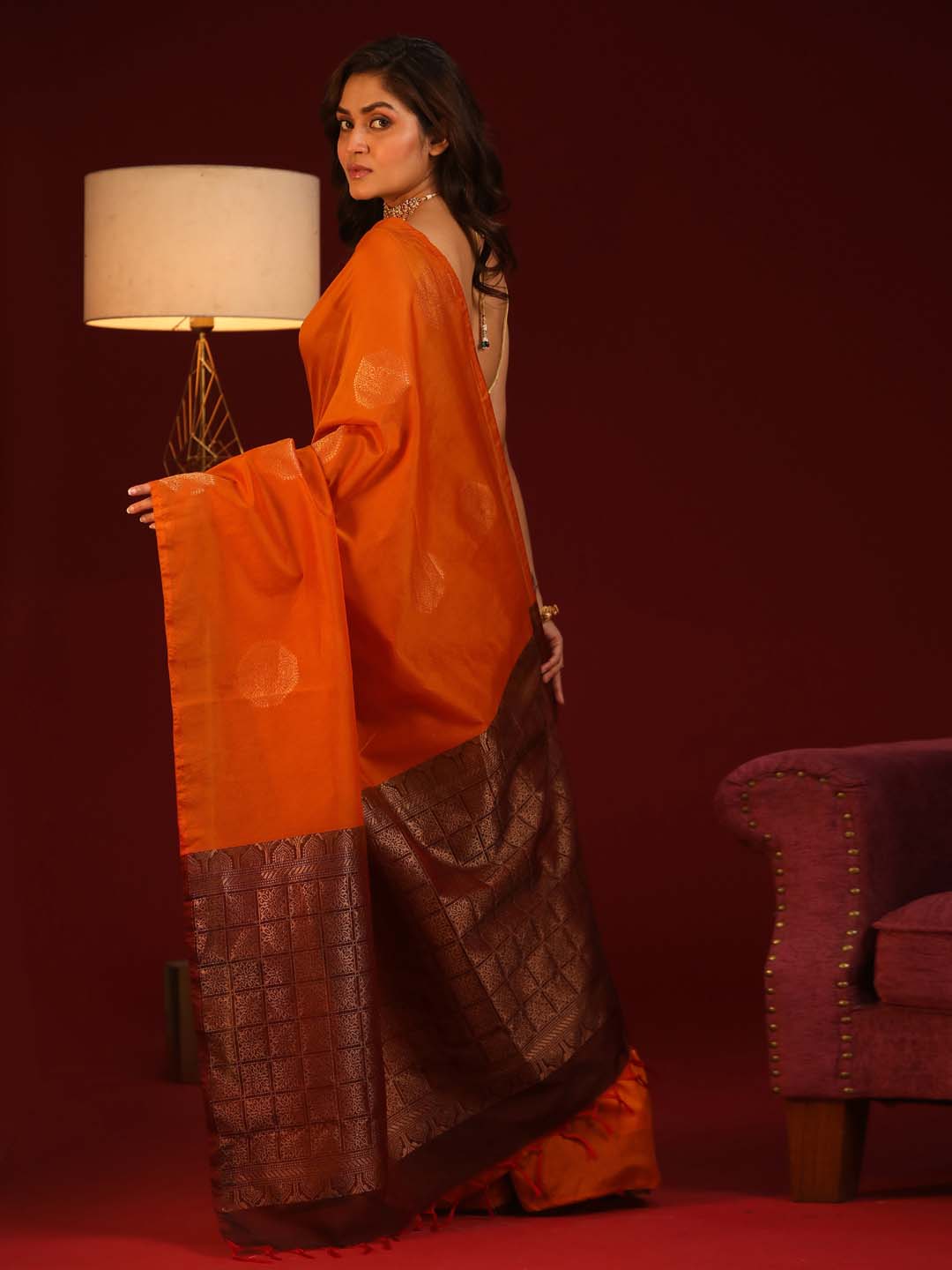 Indethnic Orange Pochampally Kora Silk by Cotton Saree - View 3