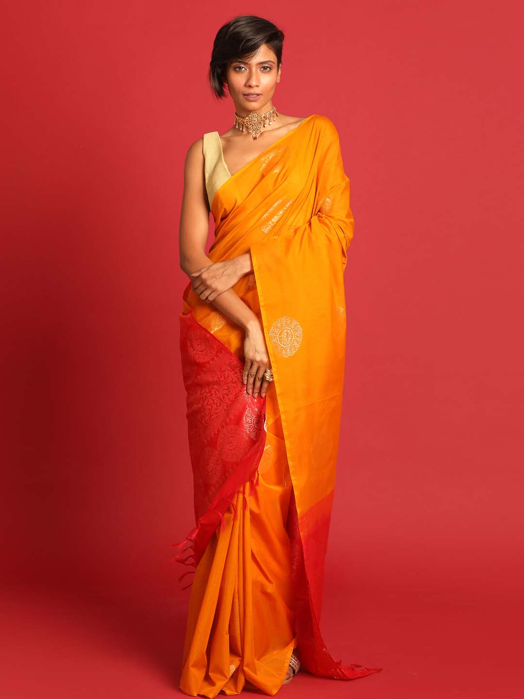 Indethnic Orange Pochampally Kora Silk by Cotton Saree - View 1