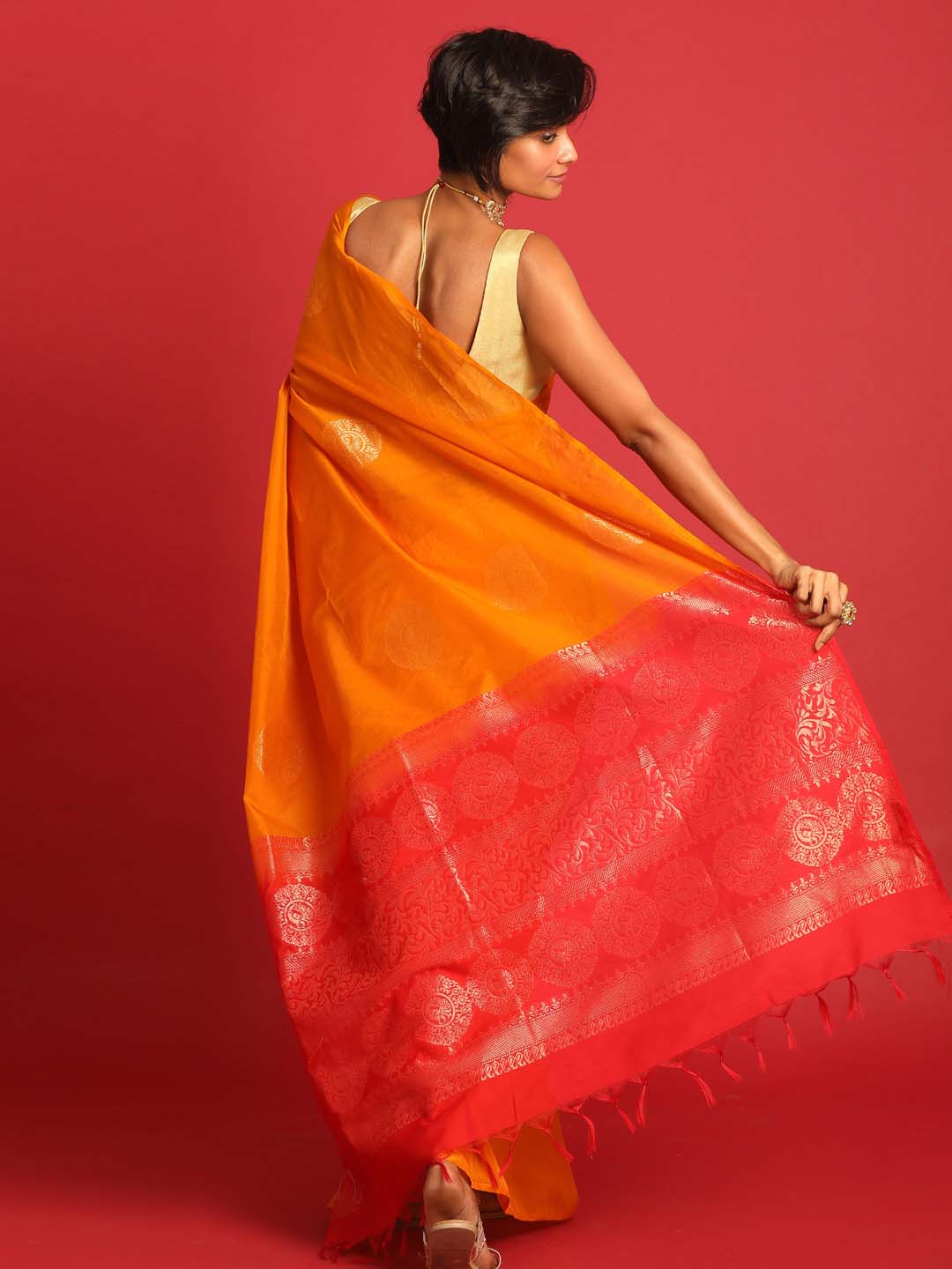 Indethnic Orange Pochampally Kora Silk by Cotton Saree - View 2