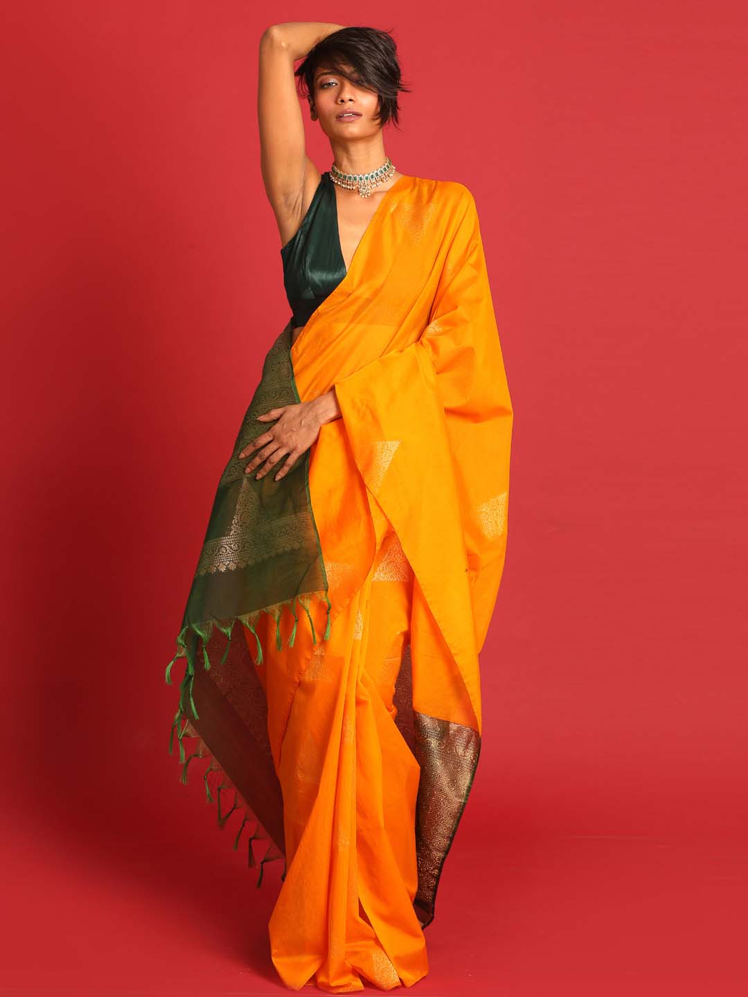 Indethnic Orange Pochampally Kora Silk by Cotton Saree - View 1