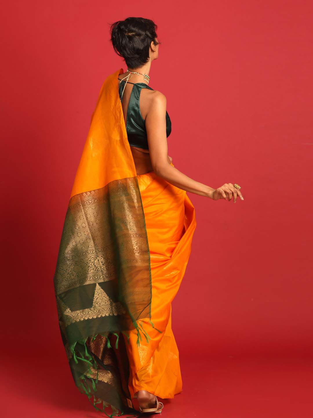 Indethnic Orange Pochampally Kora Silk by Cotton Saree - View 3