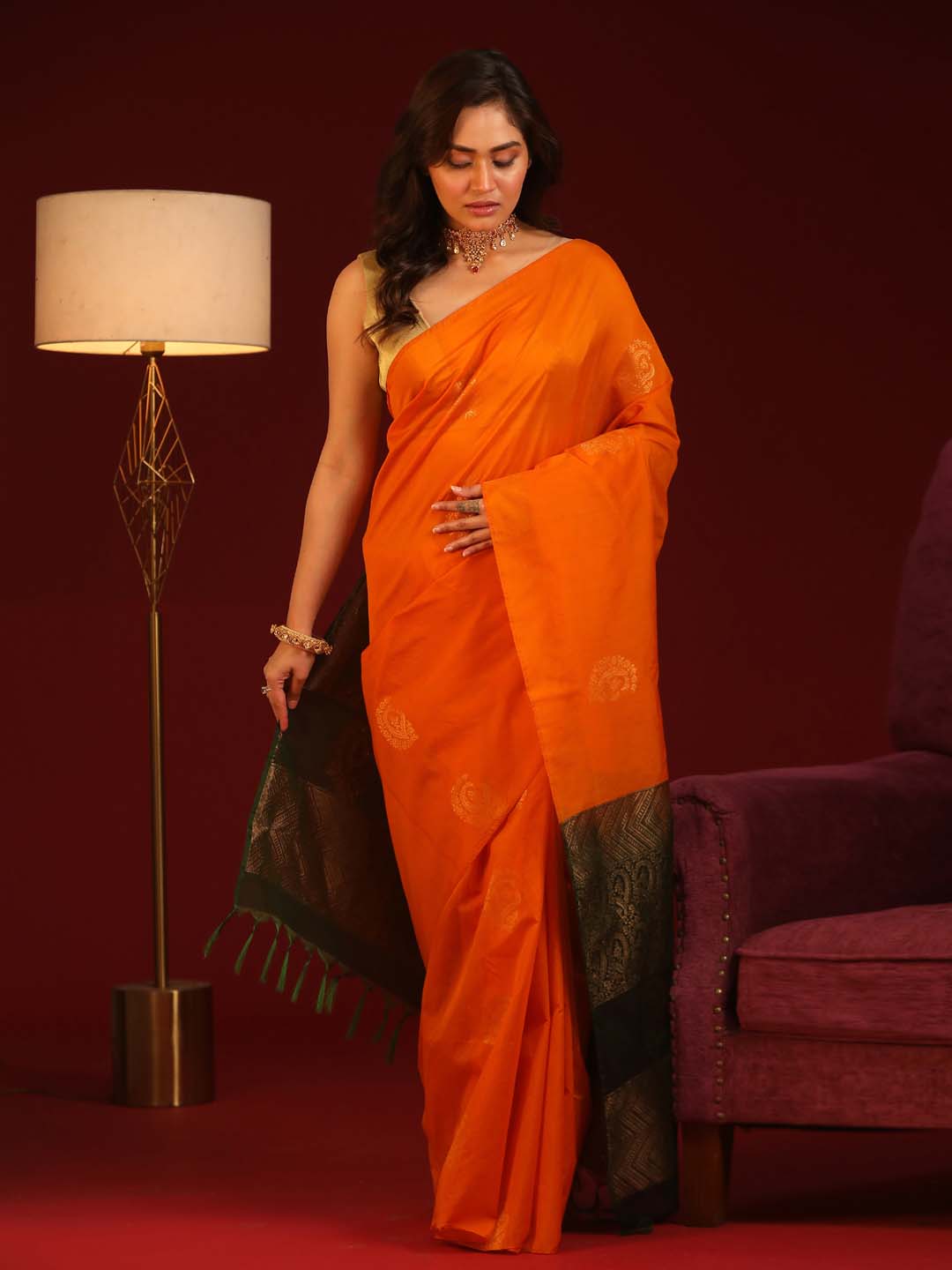 Indethnic Orange Pochampally Kora Silk by Cotton Saree - View 1