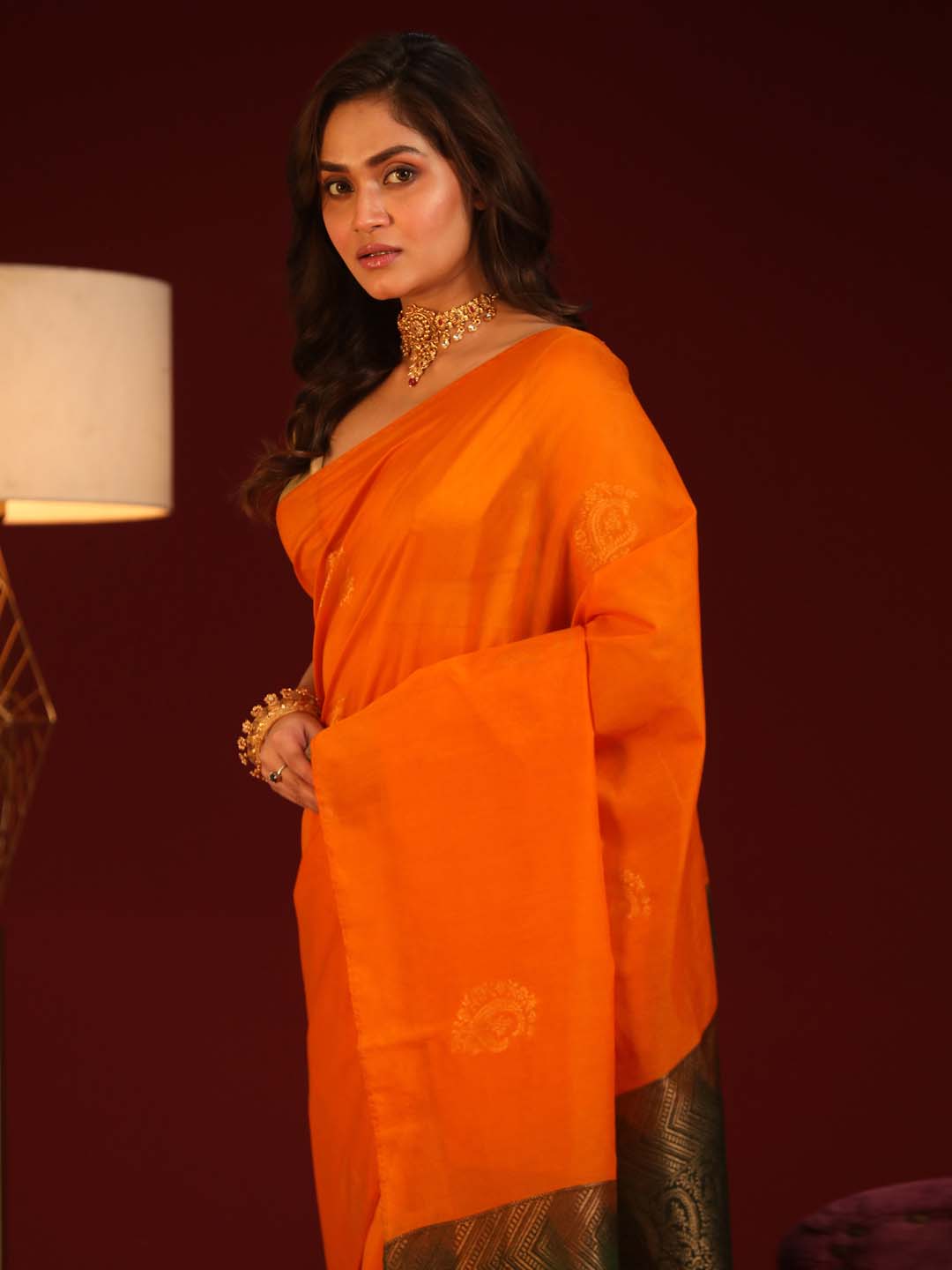 Indethnic Orange Pochampally Kora Silk by Cotton Saree - View 1