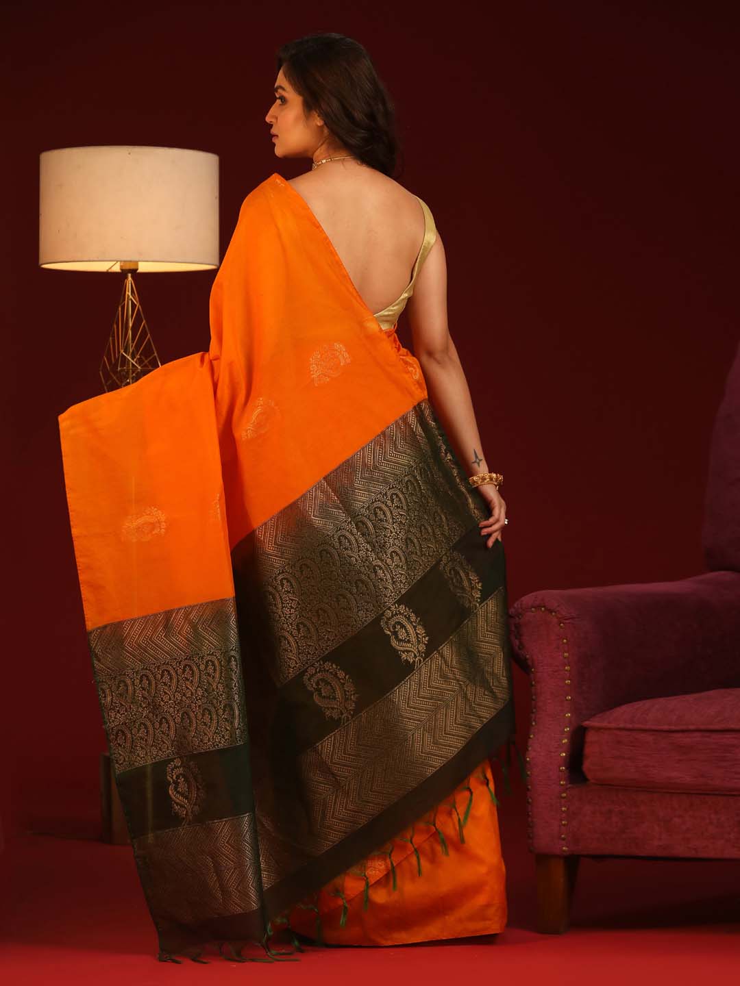 Indethnic Orange Pochampally Kora Silk by Cotton Saree - View 3