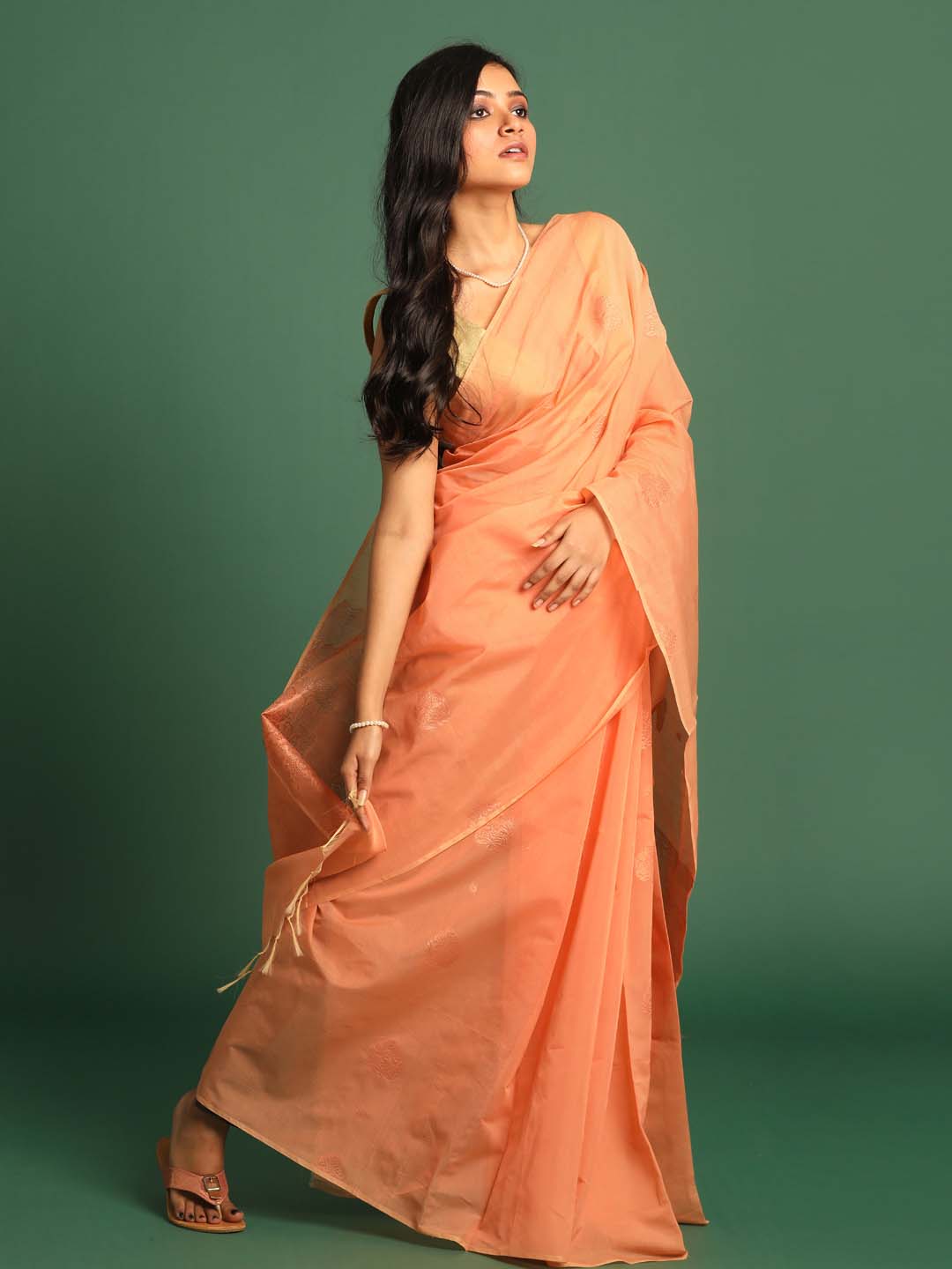 Indethnic Peach Pochampally Kora Silk by Cotton Saree - View 1