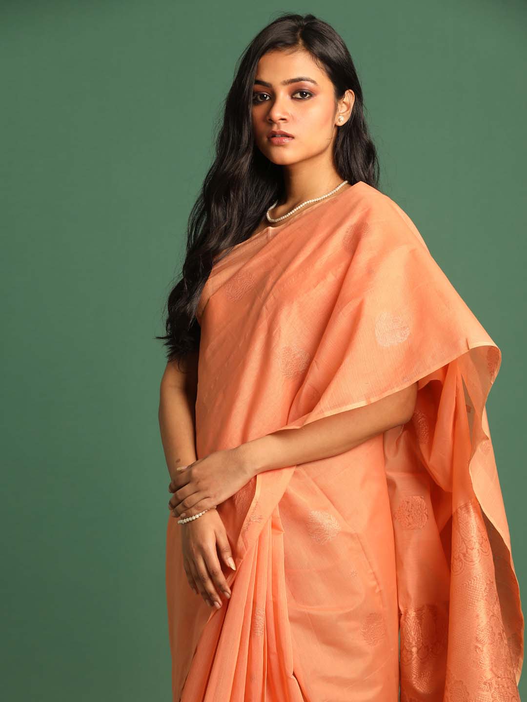 Indethnic Peach Pochampally Kora Silk by Cotton Saree - View 2