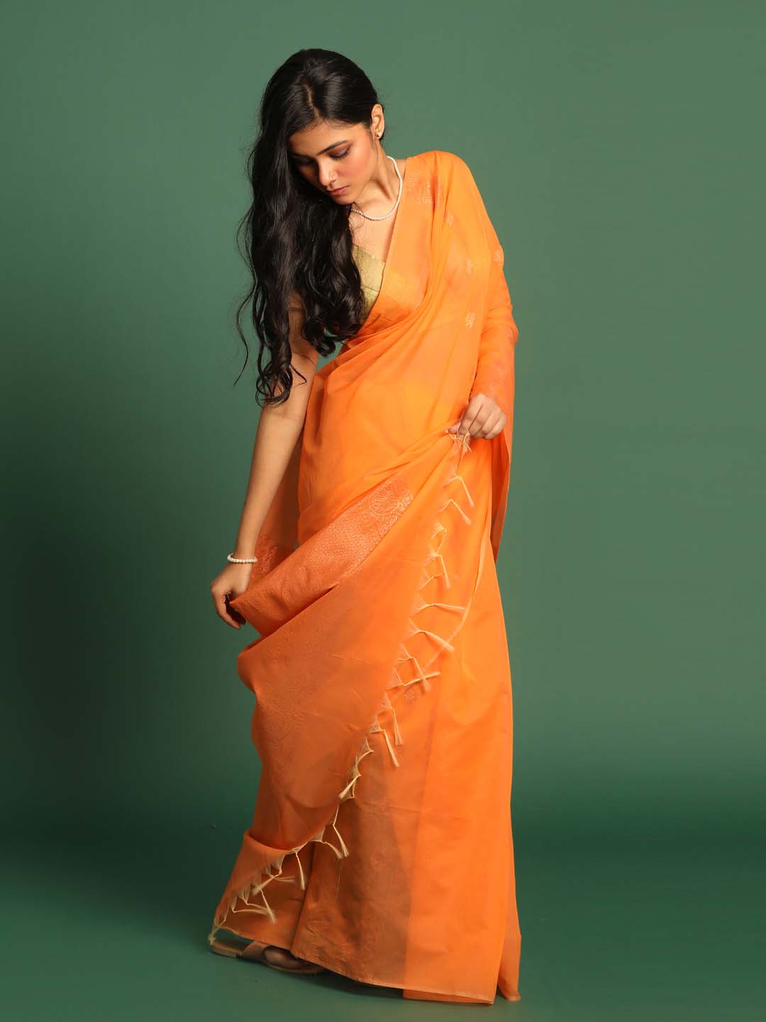 Indethnic Peach Pochampally Kora Silk by Cotton Saree - View 1