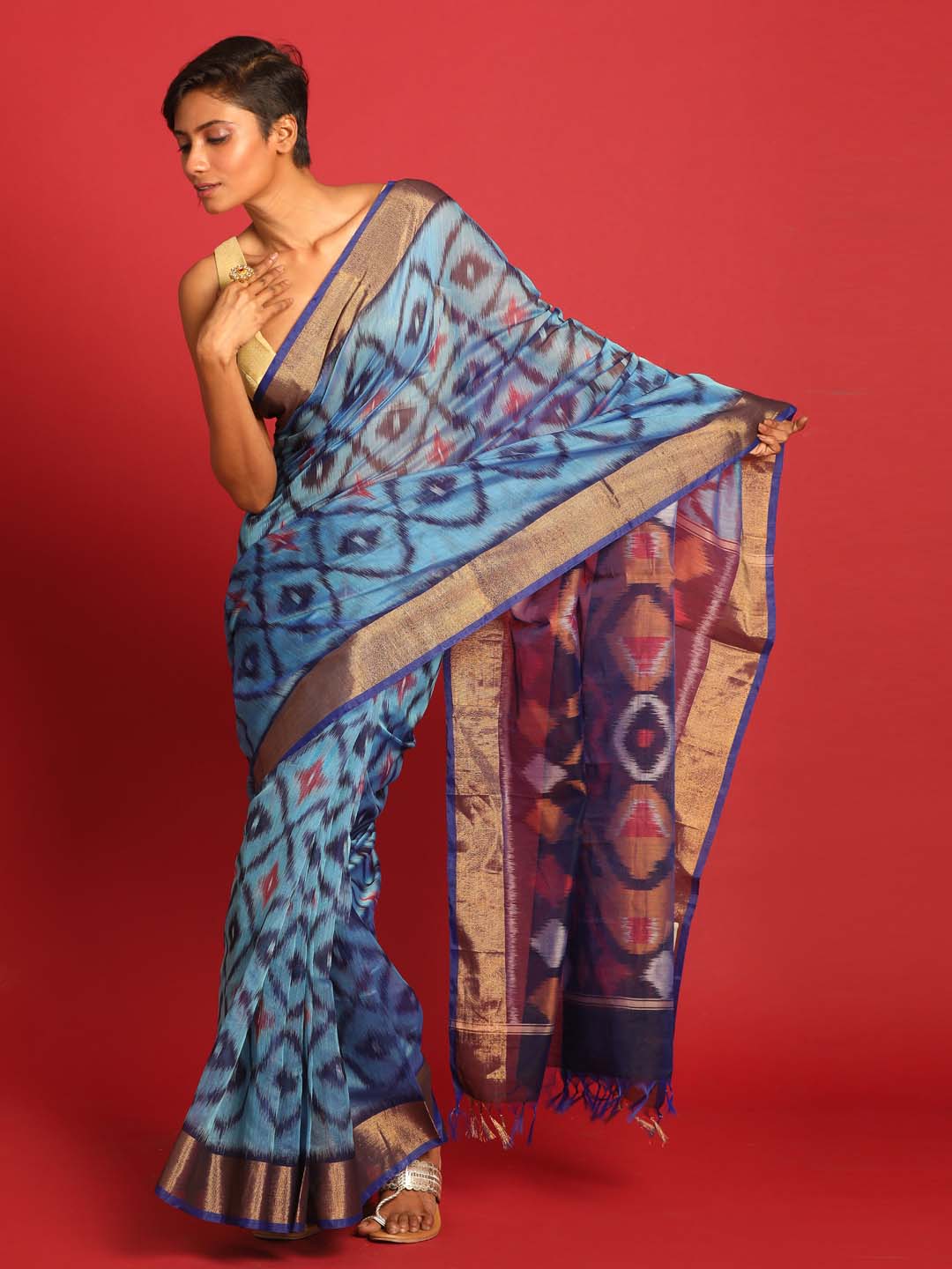 Indethnic Blue Pochampally Ikkat Saree - View 1