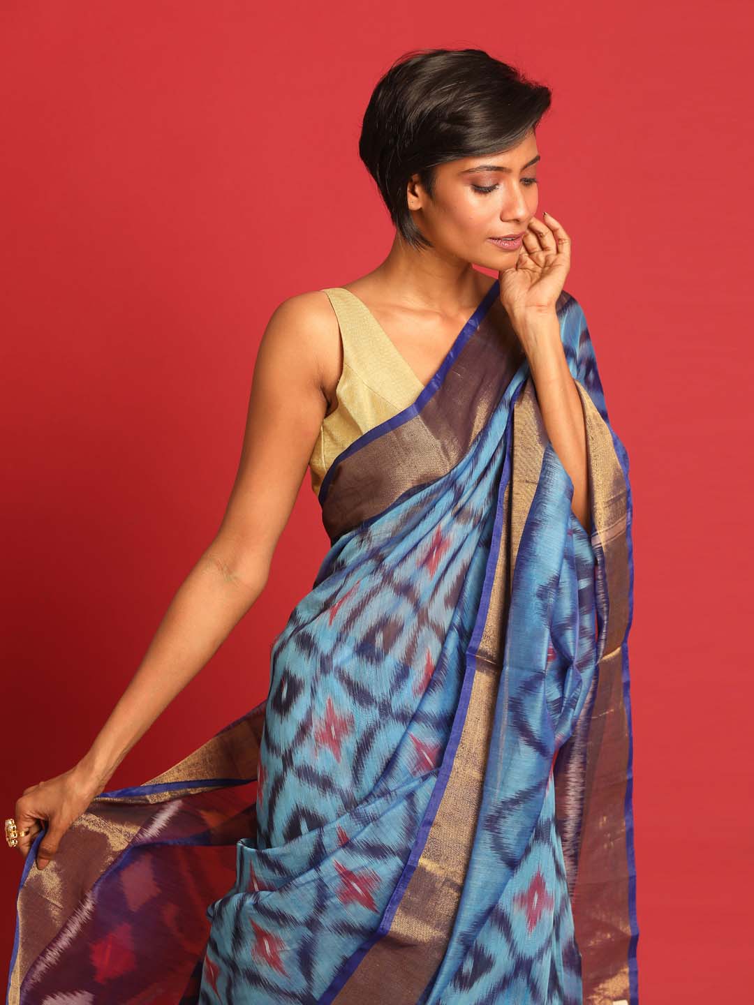 Indethnic Blue Pochampally Ikkat Saree - View 2