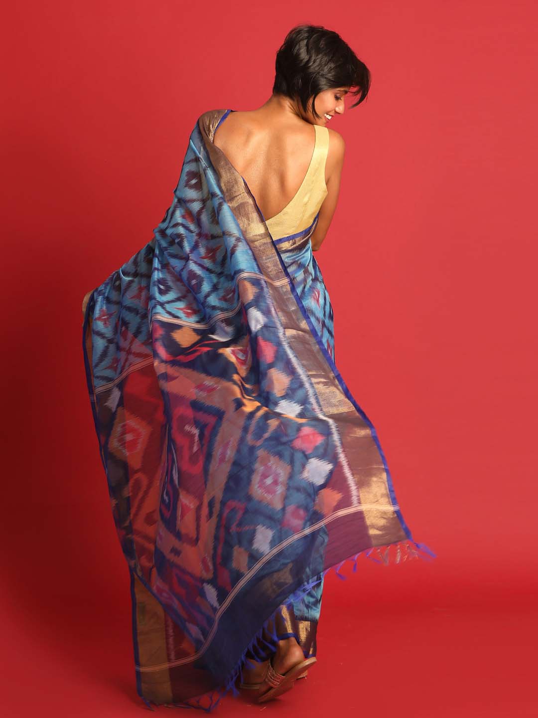 Indethnic Blue Pochampally Ikkat Saree - View 3