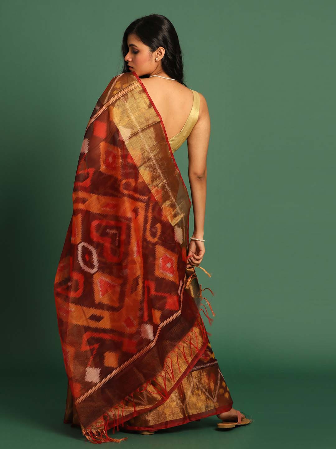 Indethnic Brown Pochampally Ikkat Saree - View 3