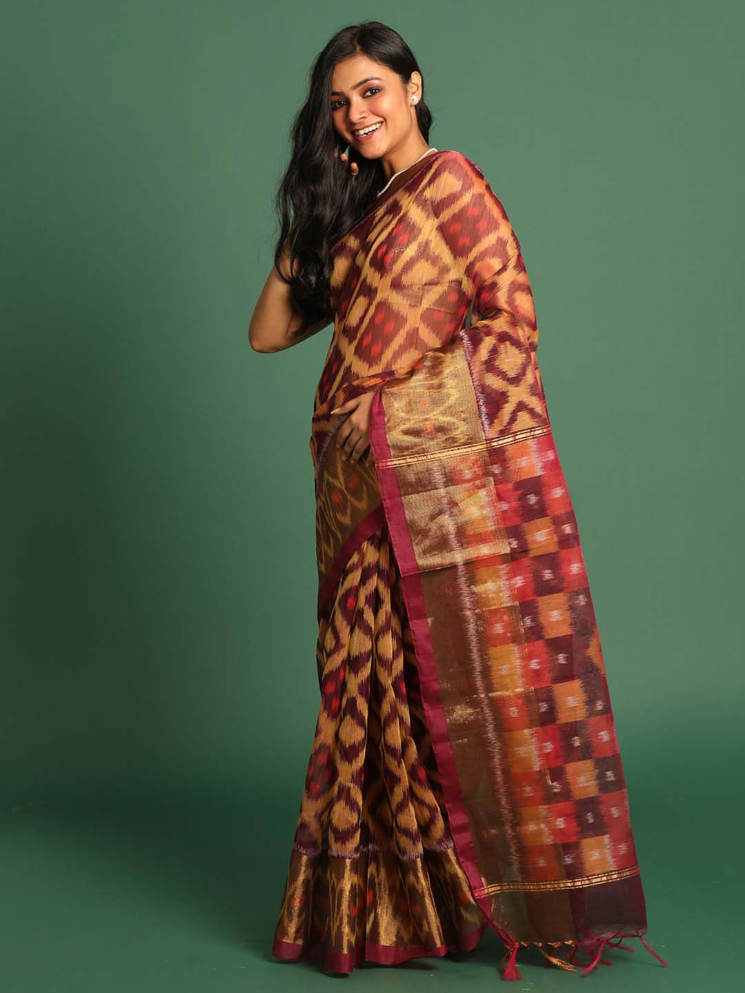 Indethnic Brown Pochampally Ikkat Saree - View 2