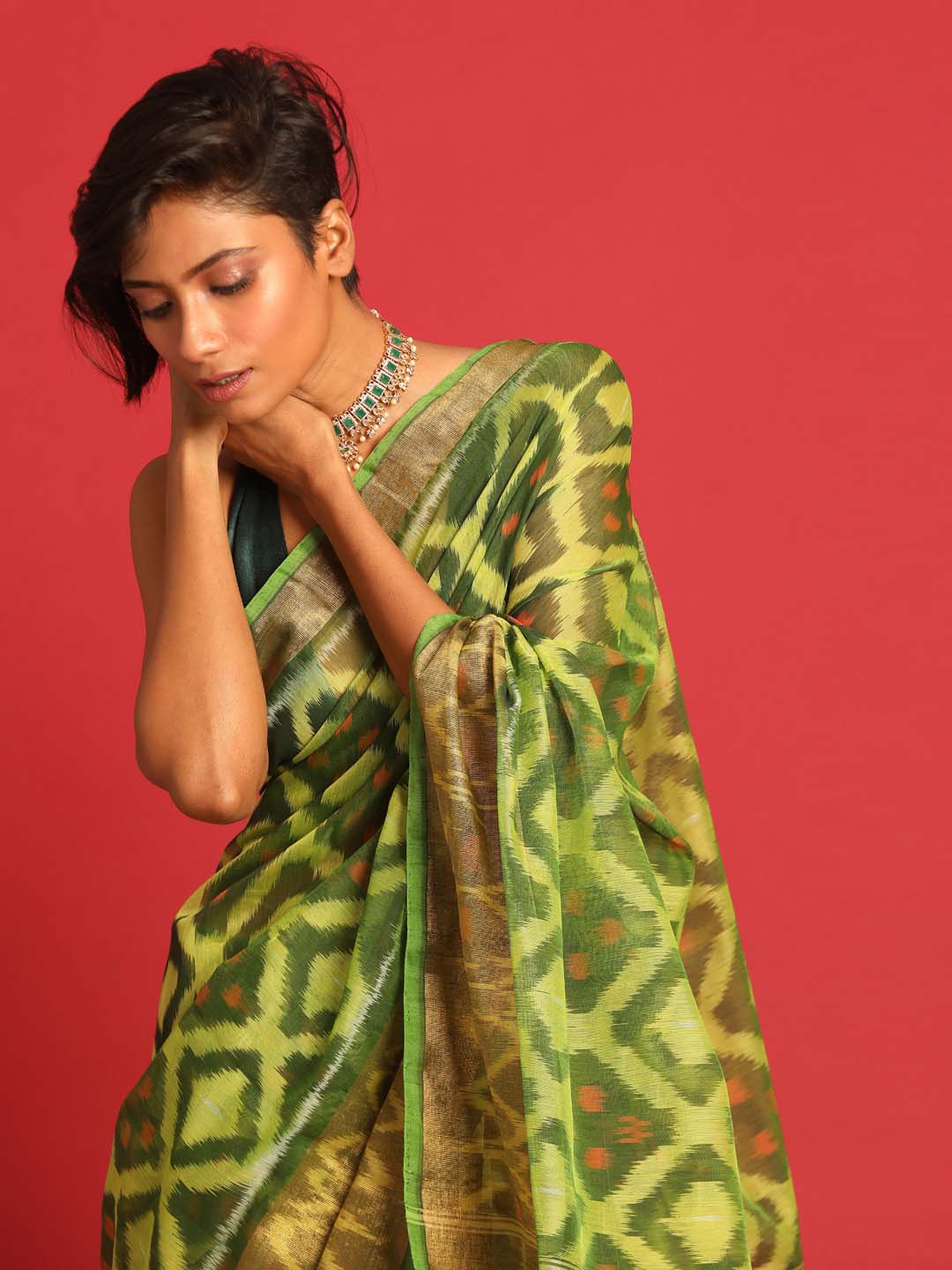 Indethnic Green Pochampally Ikkat Saree - View 2