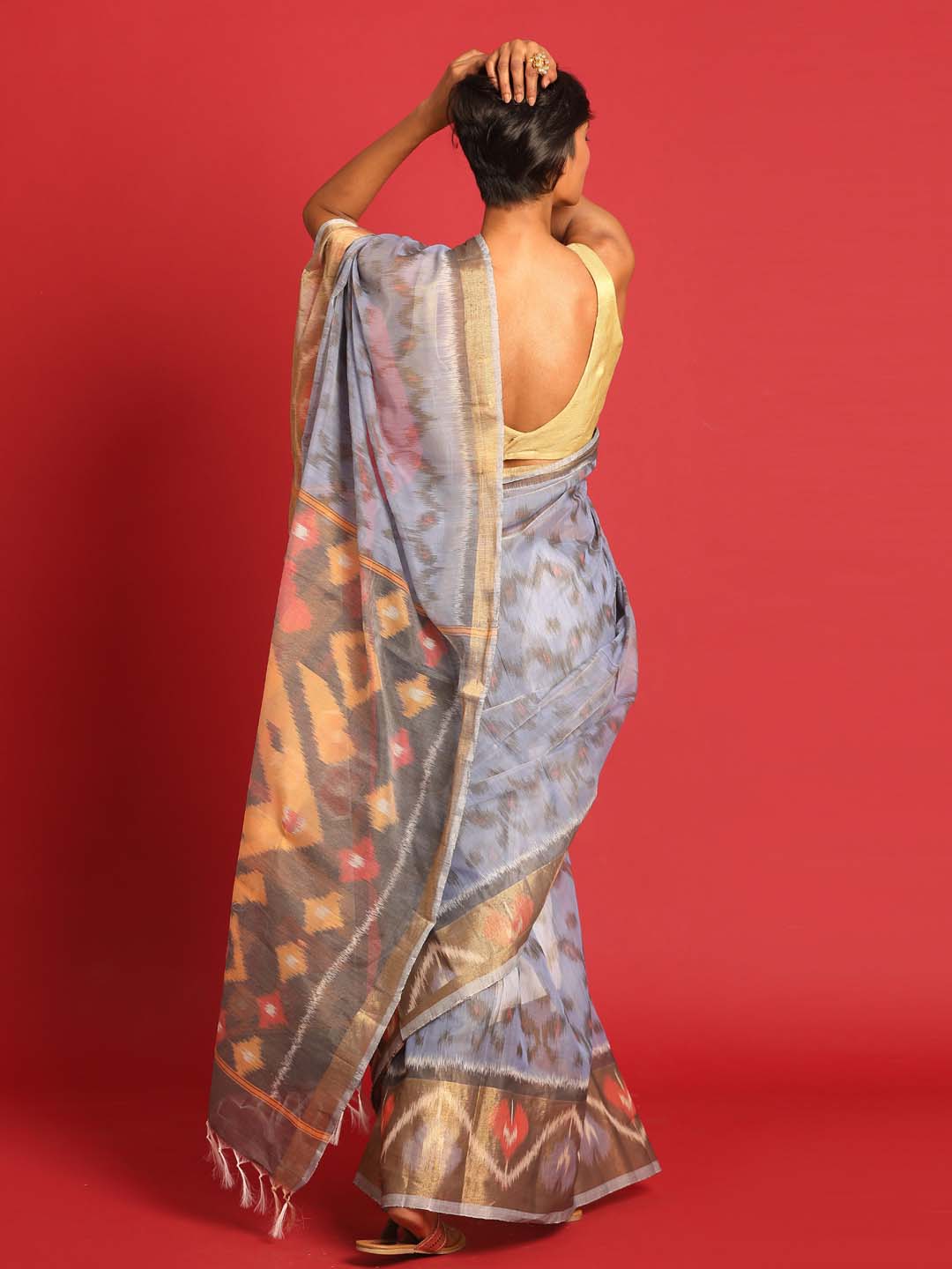 Indethnic Grey Pochampally Ikkat Saree - View 3