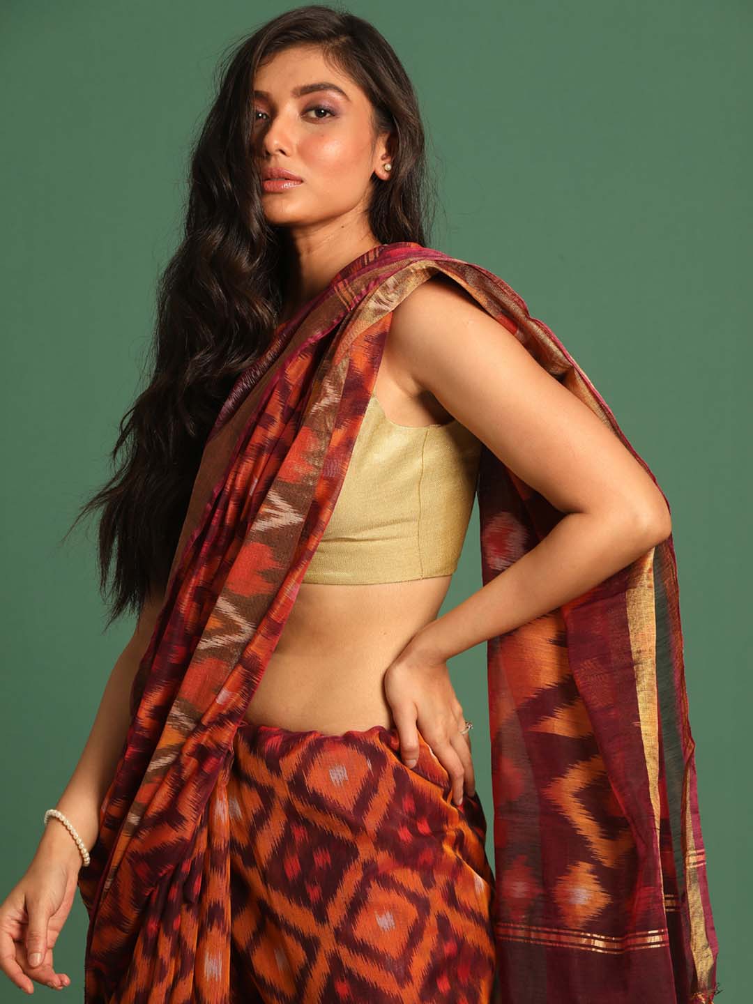 Indethnic Maroon Pochampally Ikkat Saree - View 2