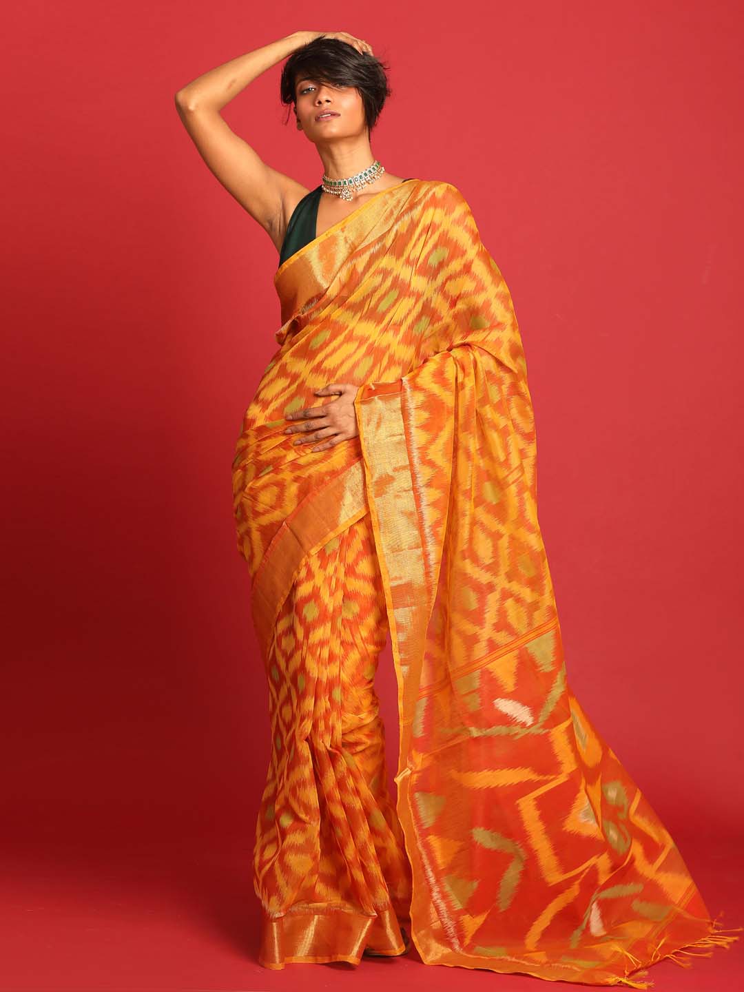 Indethnic Orange Pochampally Ikkat Saree - View 1