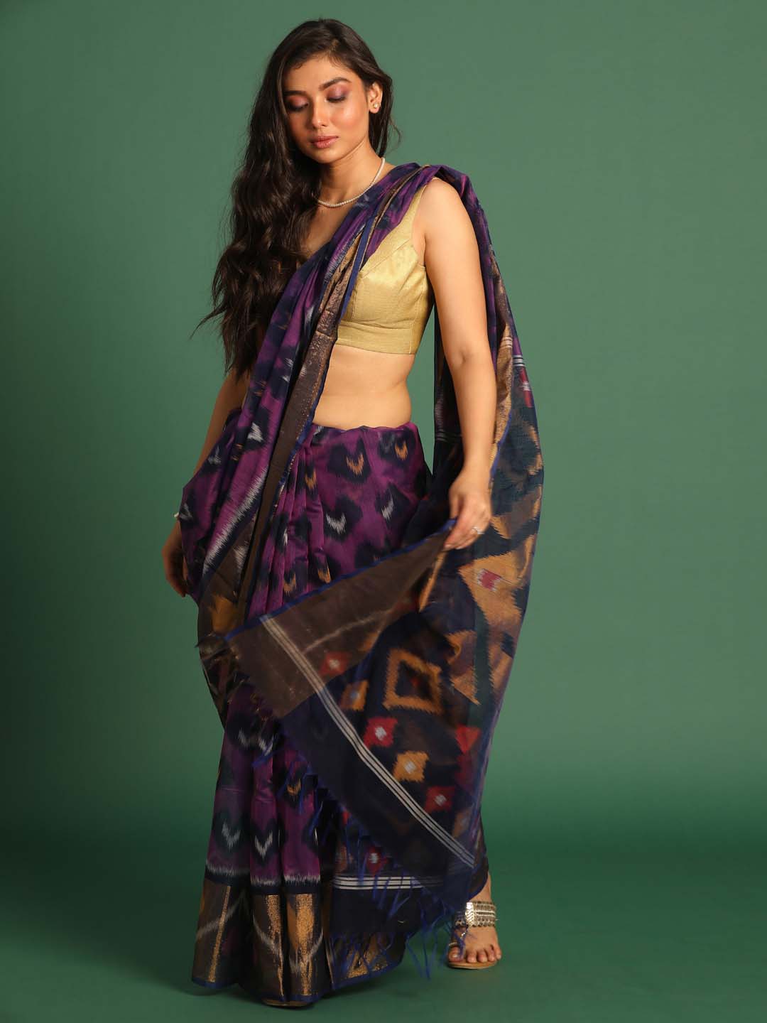 Indethnic Purple Pochampally Ikkat Saree - View 1