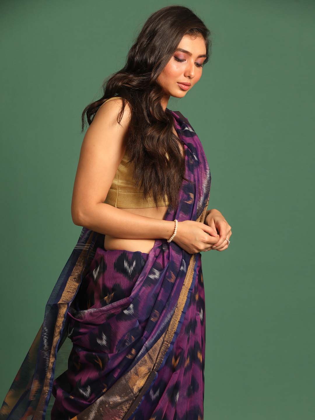 Indethnic Purple Pochampally Ikkat Saree - View 2