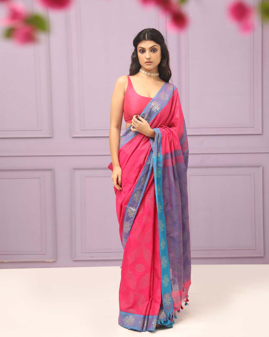 Jamdani Magenta Colourblocked Traditional Wear