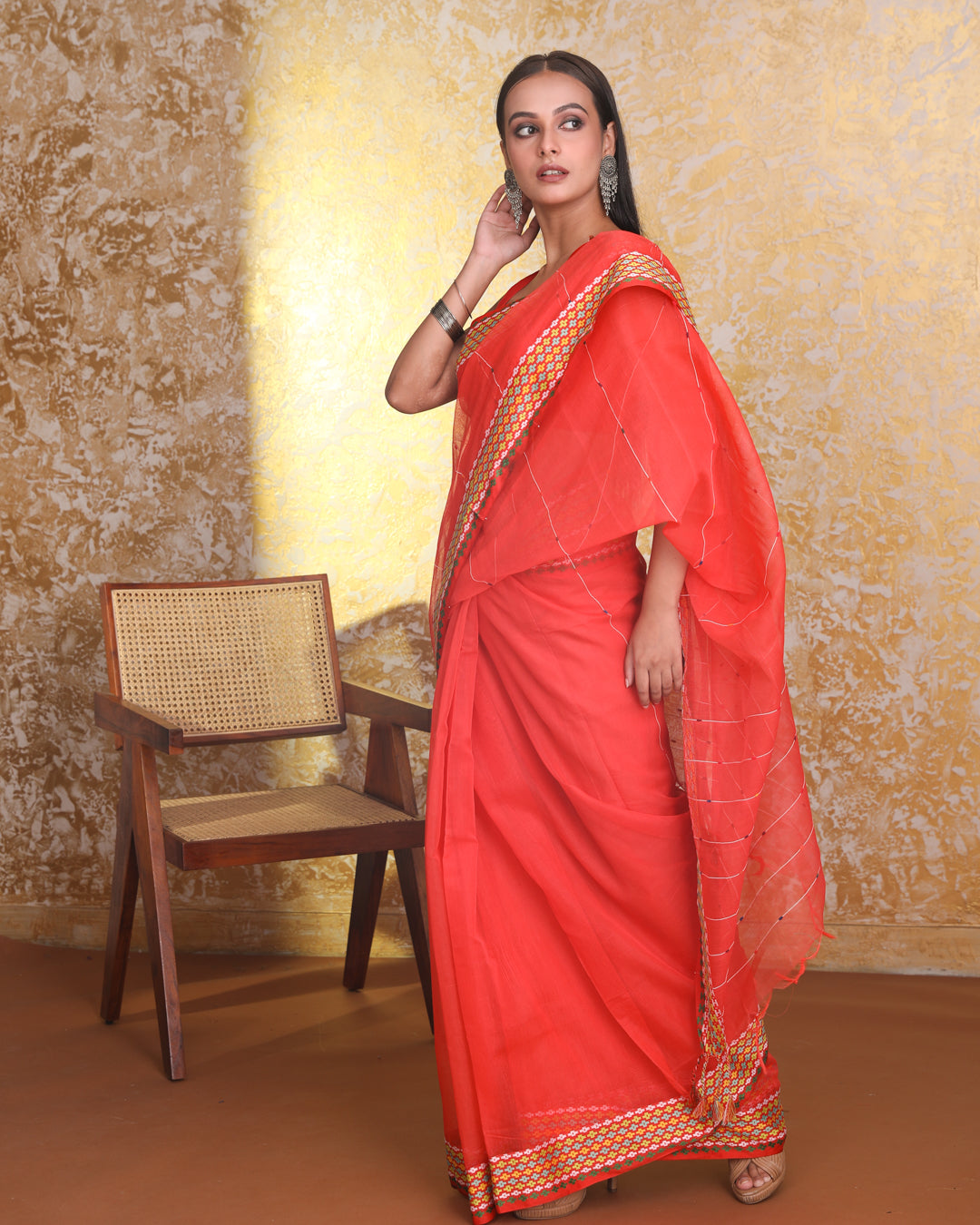 Chanderi Orange Striped Daily Wear