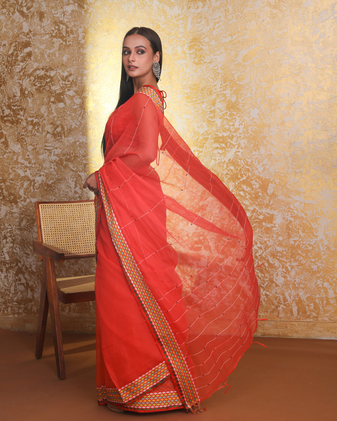 Chanderi Orange Striped Daily Wear