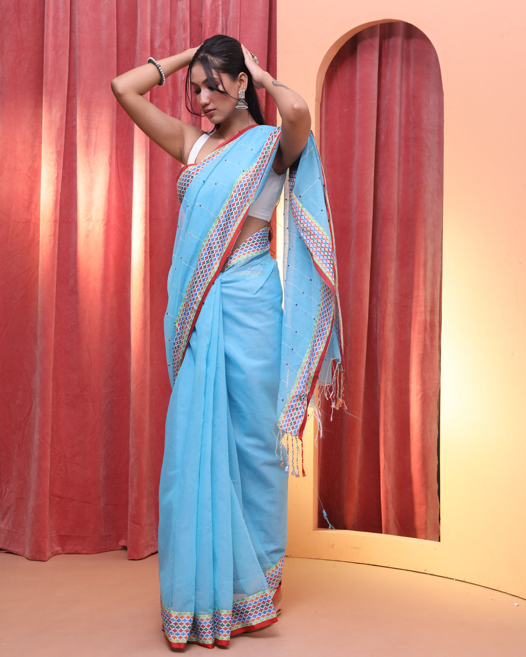 Chanderi Turquoise Blue Striped Daily Wear