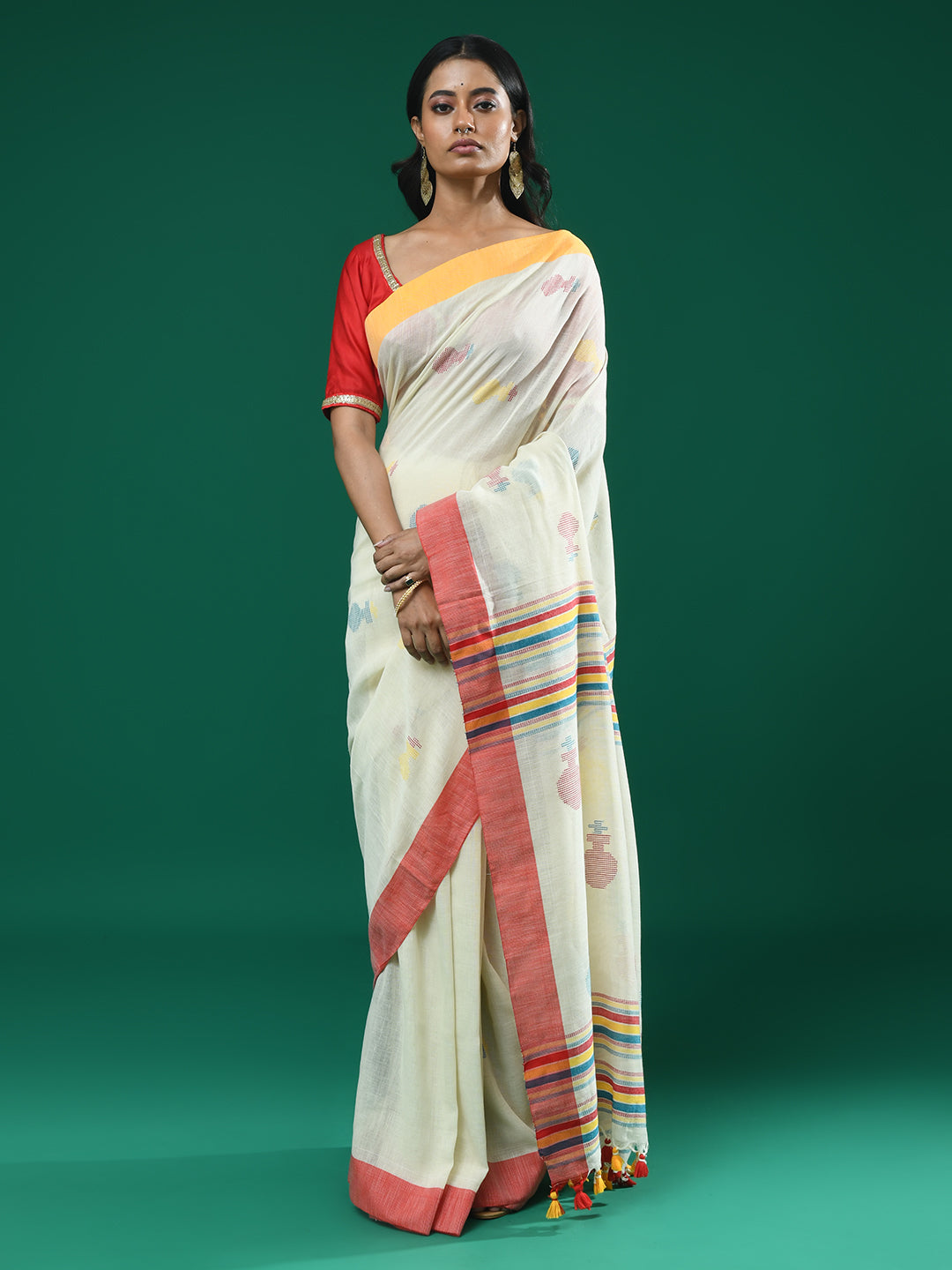 Jamdani White Woven Design Daily Wear  Saree