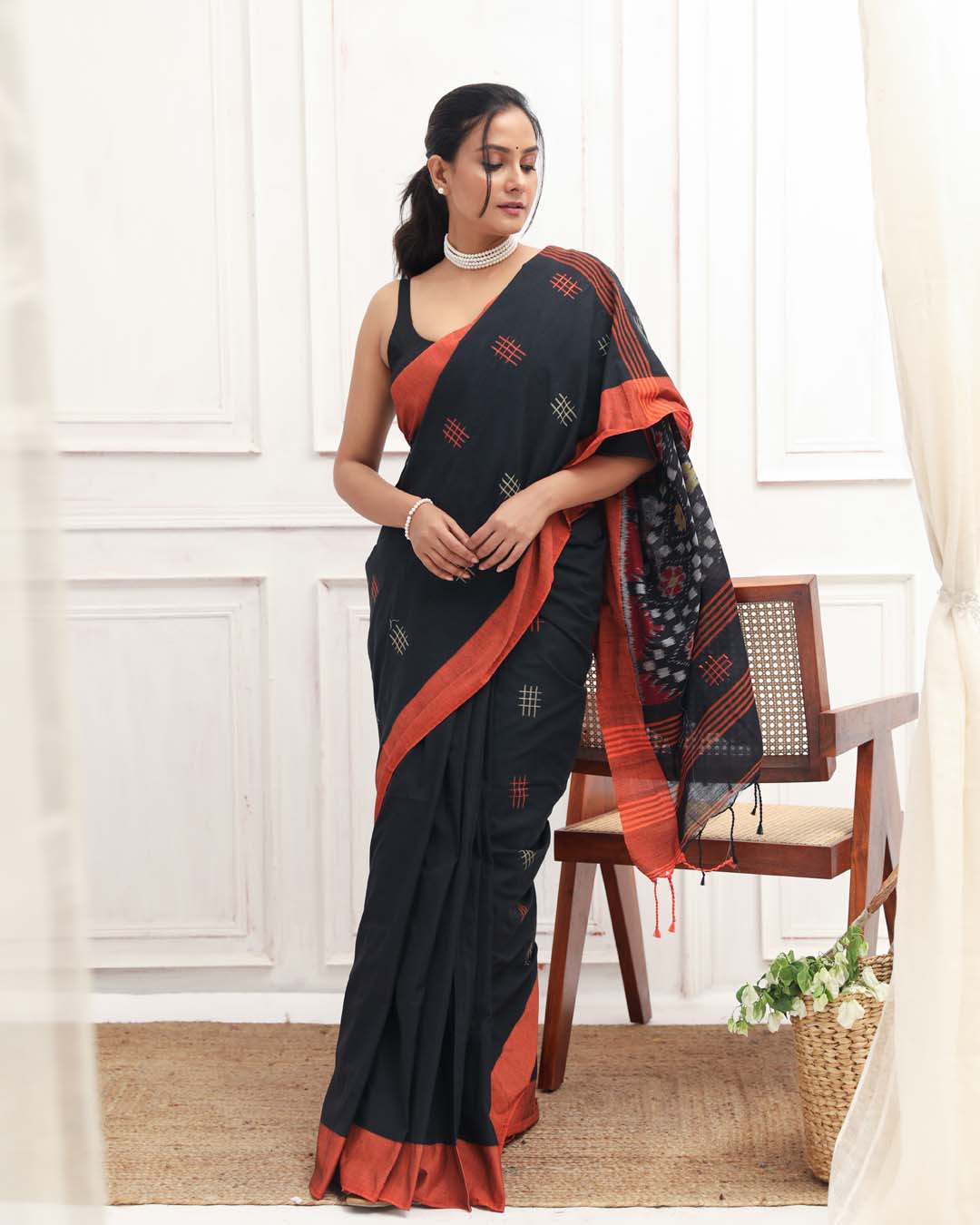 Ikat Black Woven Design Daily Wear  Saree