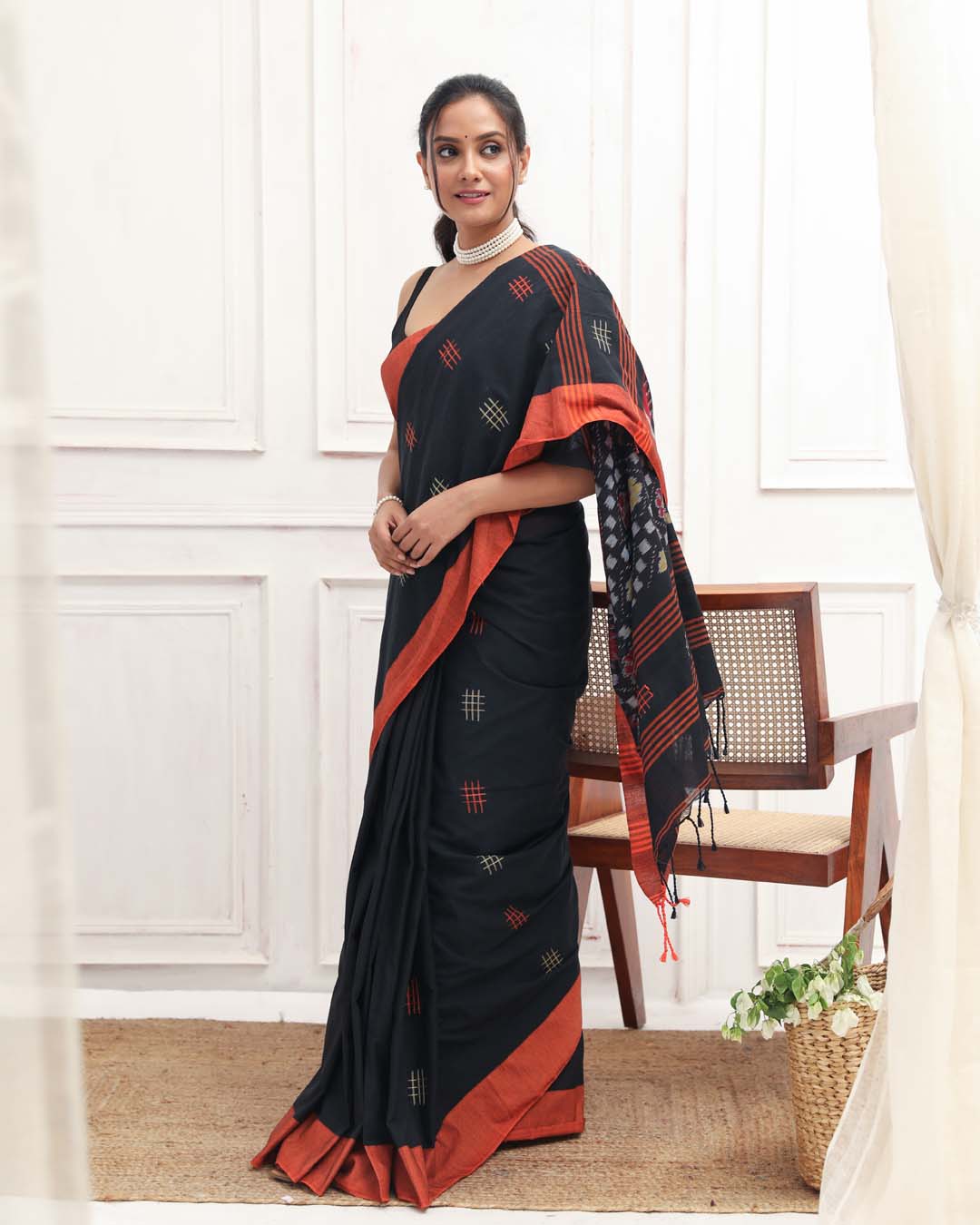 Ikat Black Woven Design Daily Wear  Saree