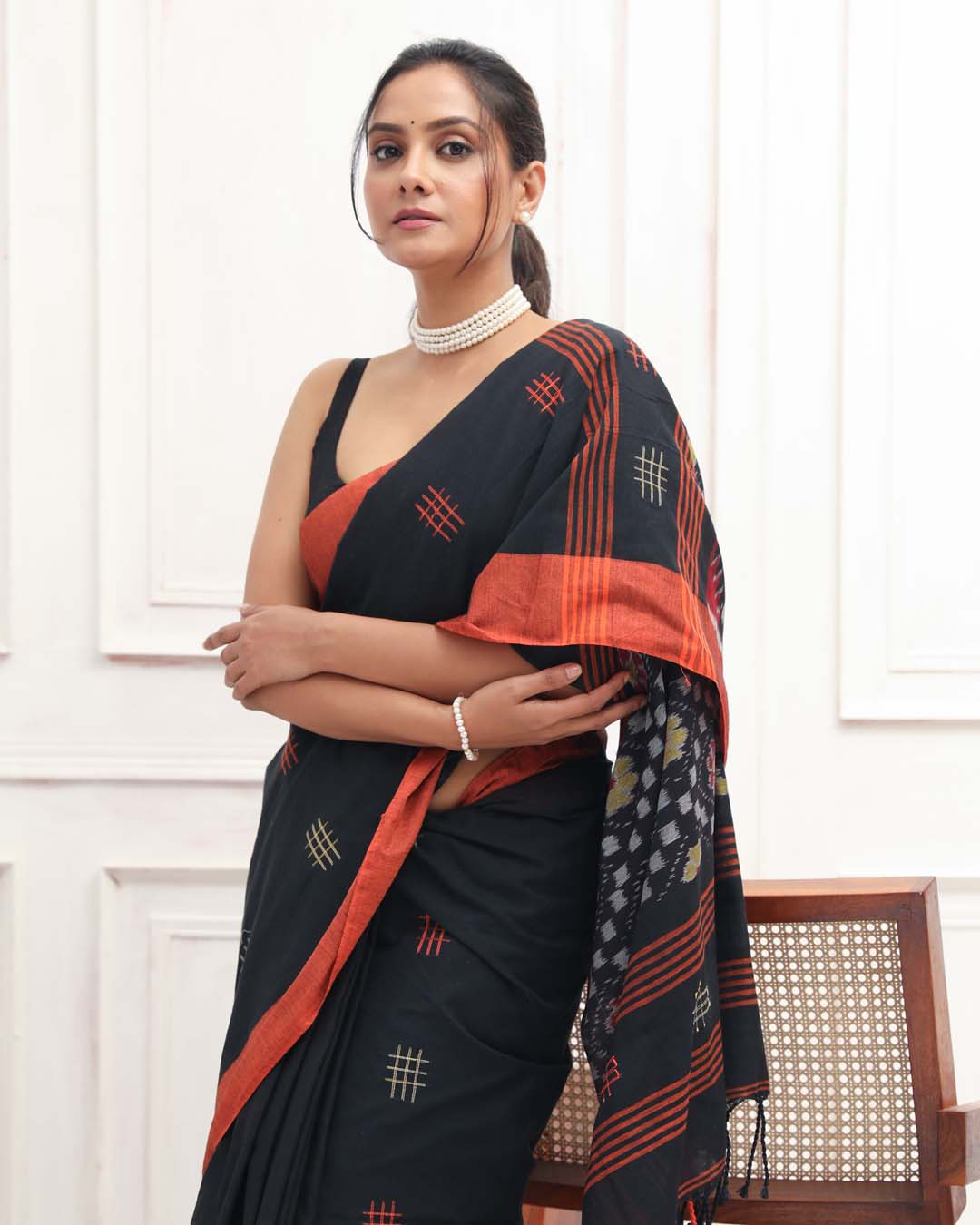 Ikat Black Woven Design Daily Wear  Saree