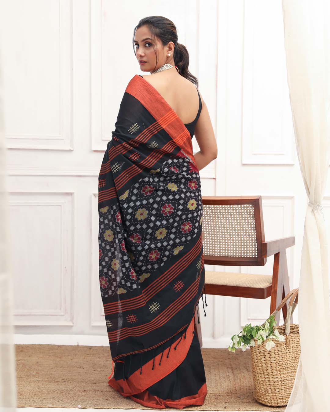 Ikat Black Woven Design Daily Wear  Saree