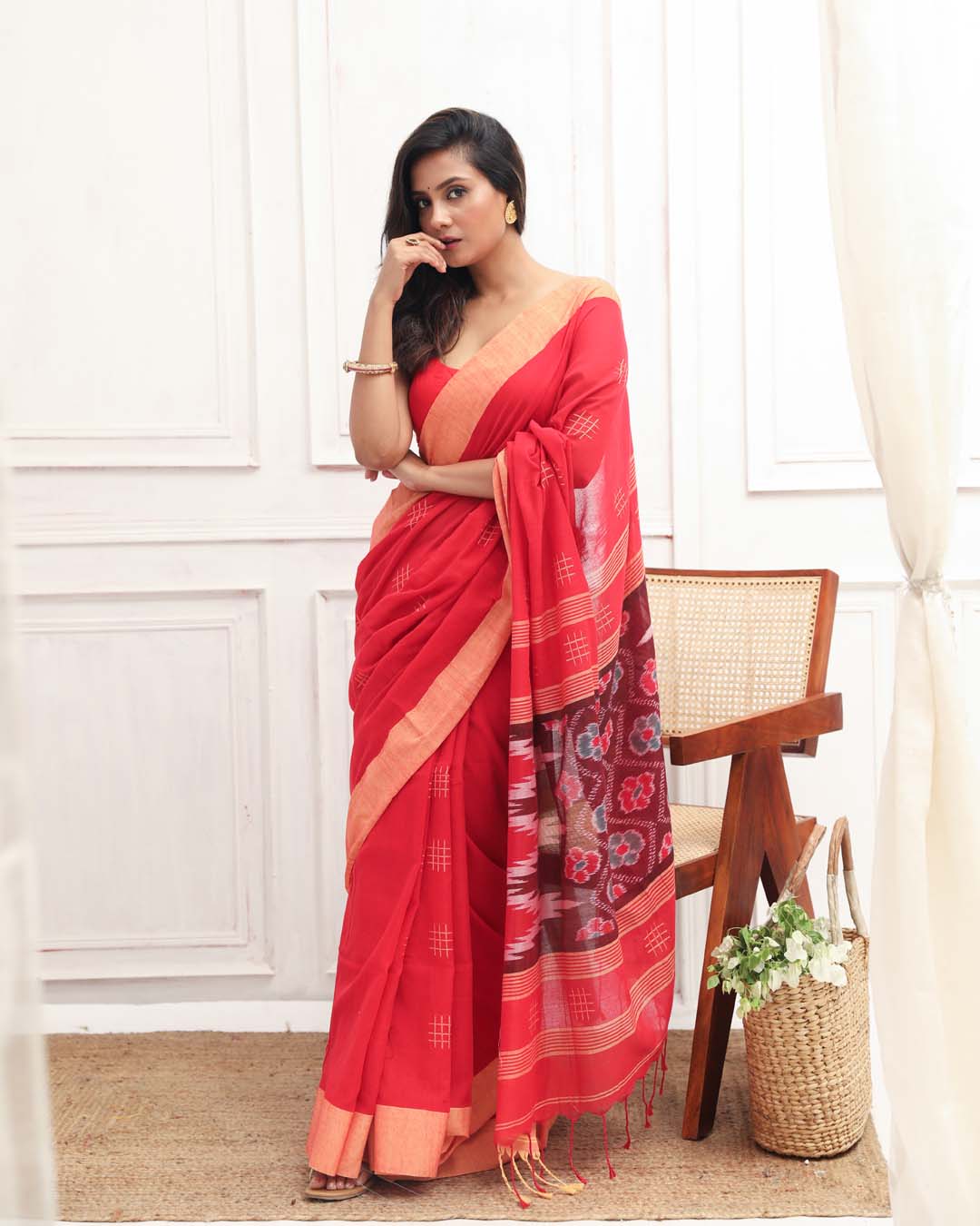 Ikat Red Woven Design Daily Wear  Saree