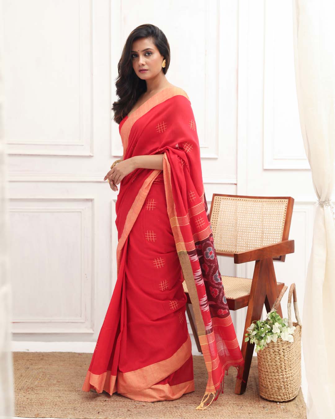 Ikat Red Woven Design Daily Wear  Saree
