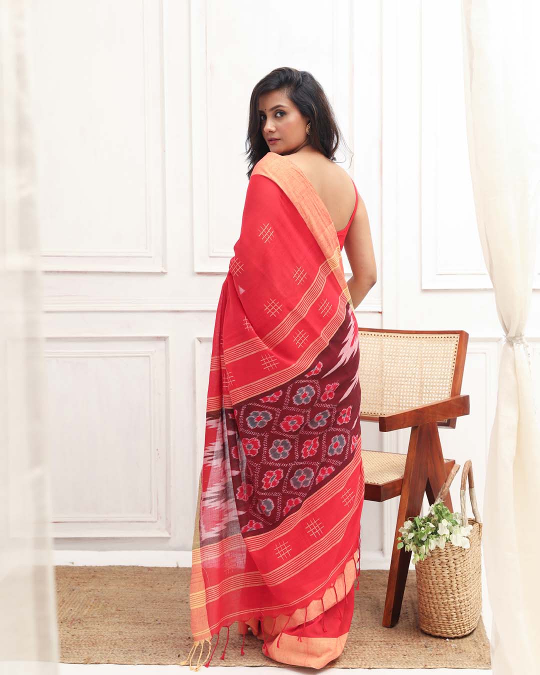 Ikat Red Woven Design Daily Wear  Saree