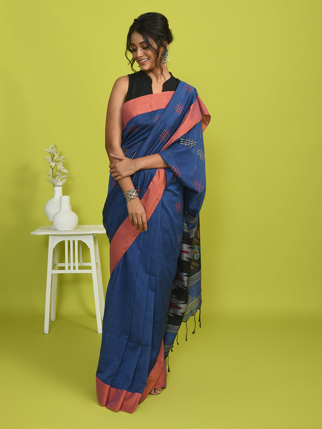 Ikat Blue Woven Design Daily Wear  Saree