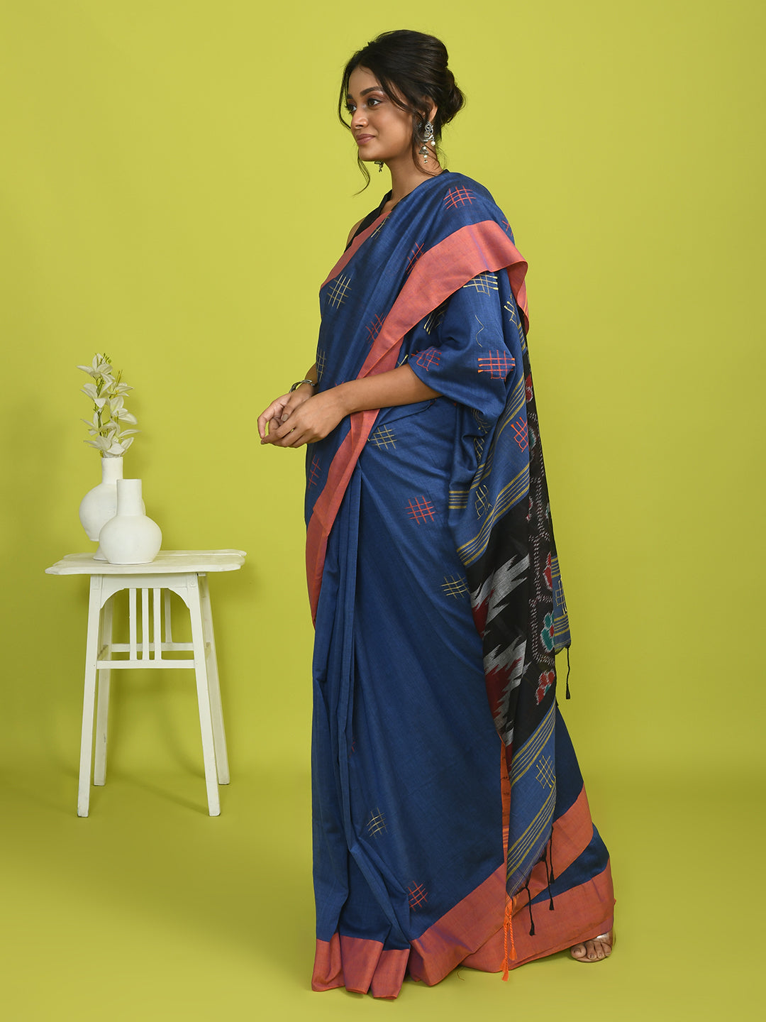 Ikat Blue Woven Design Daily Wear  Saree